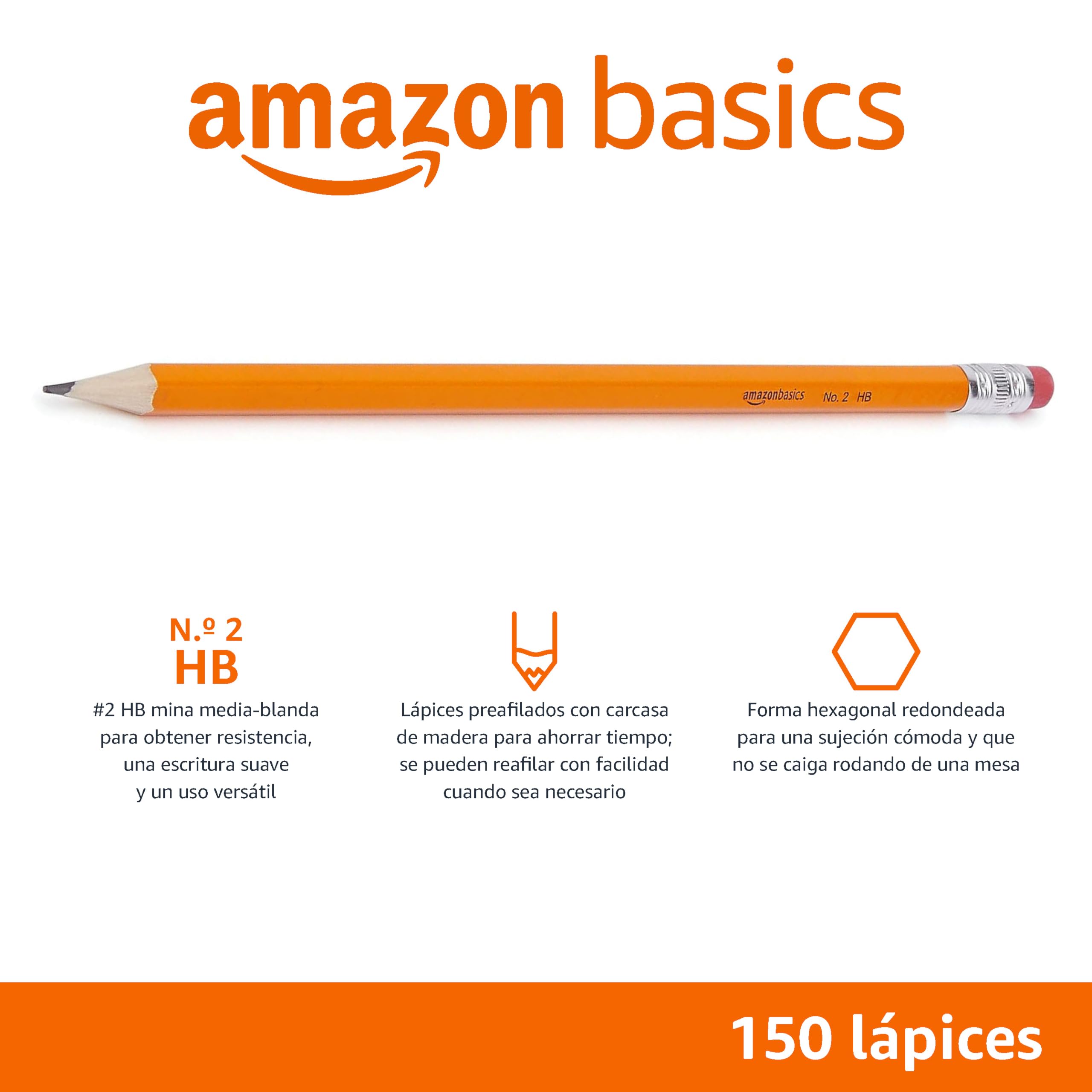 Amazon Basics Lápices 2HB de grafito con recubrimiento de madera, preafilados, sin manchas, punta de goma de borrar, escuela, paquete de 150
