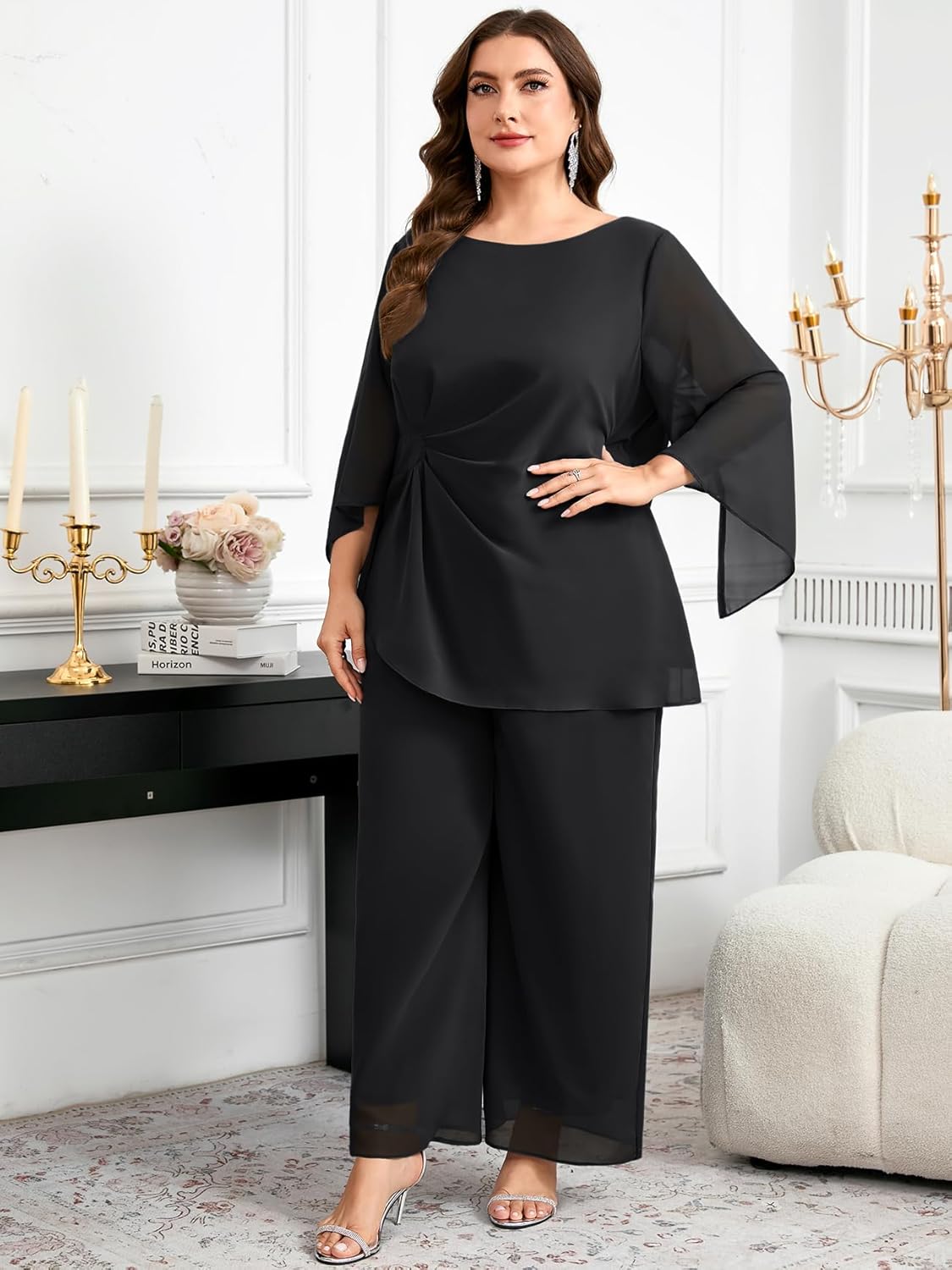 CYCLAMEN Plus Size Mother of Bride Pant Suits 2 Piece Chiffon Sets Asymmetric Wedding Guest Outfit - Image 6