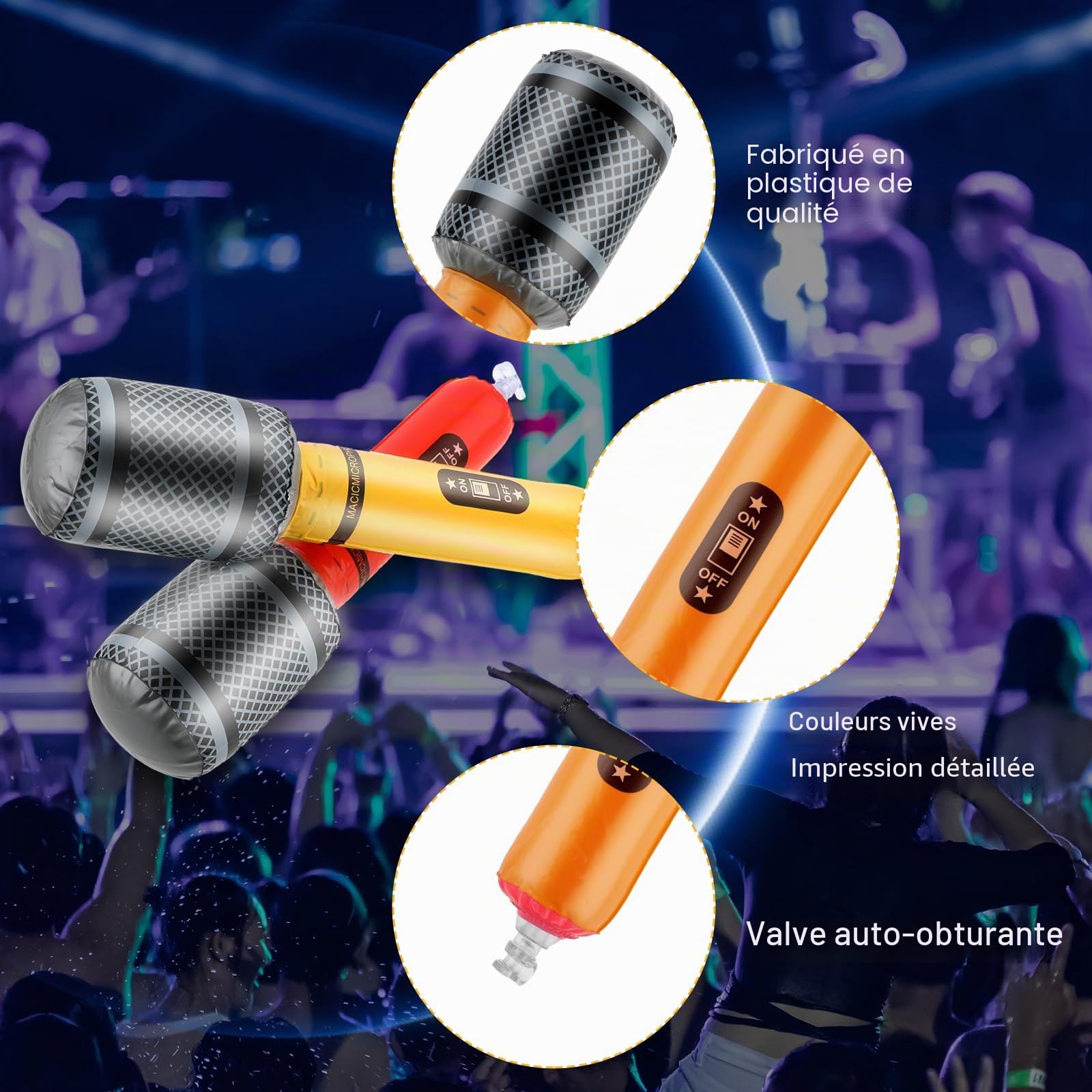 Microphone gonflable de 25 cm Thinp, 12 pièces - Microphones à gonfler de couleurs assorties - Accessoires de faux microphone pour fête à thème musical des années 80 et 90 - Décorations de fête