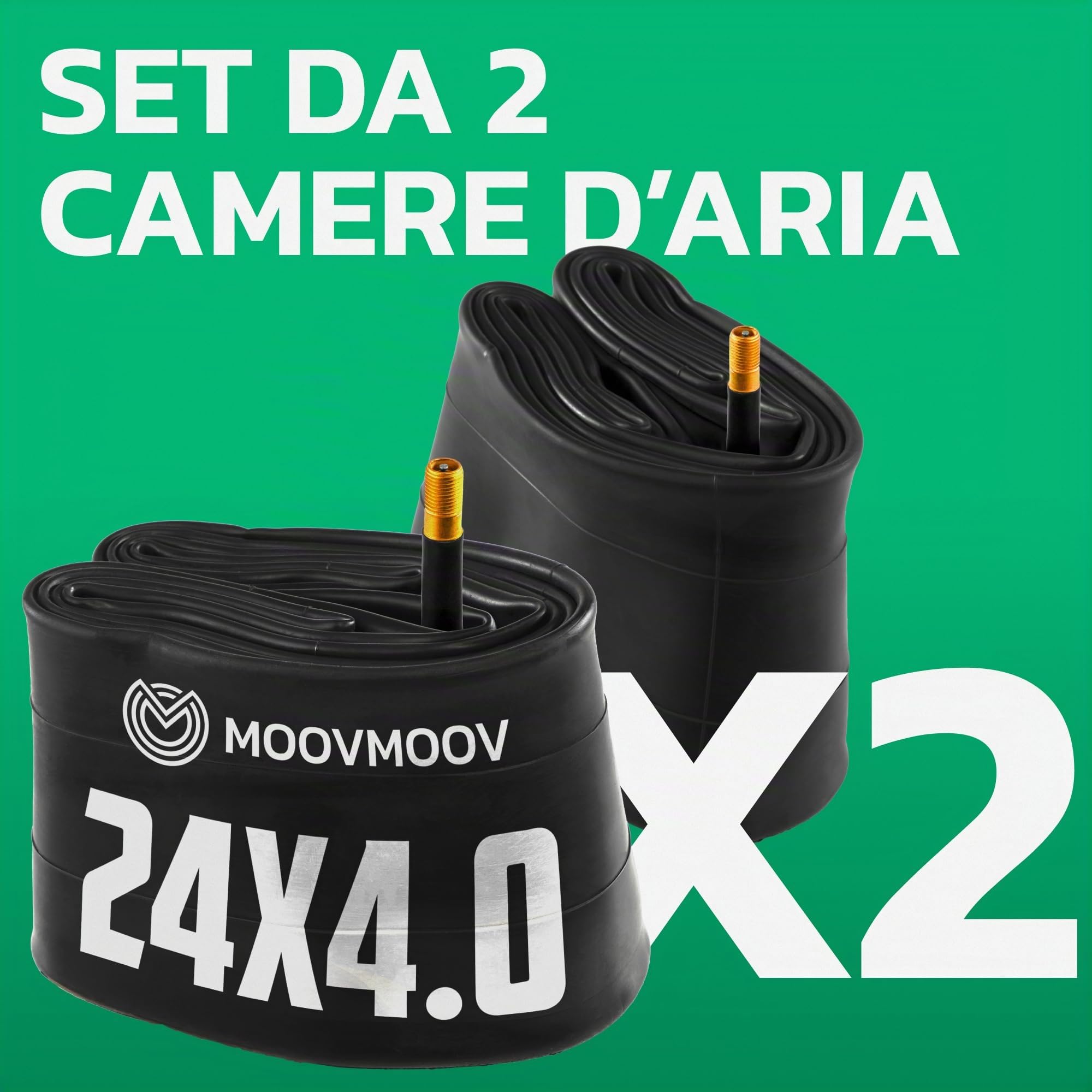 MOOVMOOV Camera d’aria 24x4.0 - Confezione da 2 - Fat Bike, MTB Pneumatici Larghi - ETRTO 98-507/100-507/102-507 - Ruota larga 24 pollici