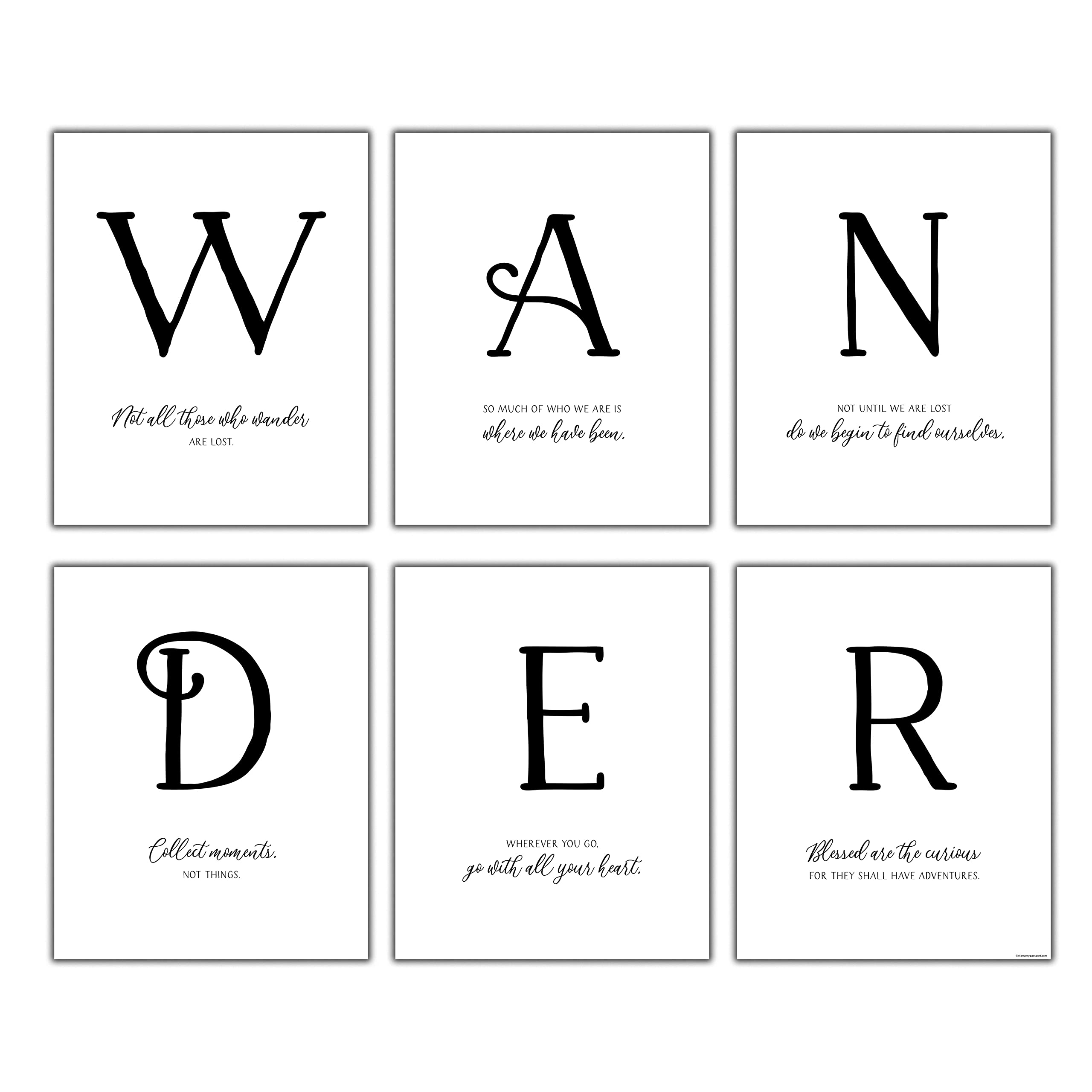 Stamp My Passport WANDER Black and White Travel Wall Art – 6 Unframed 8x10 Adventure Quote Prints | Vintage-Inspired Minimalist Travel Decor for Home, Office, or Wander-Themed Nursery (Felt-Finish)
