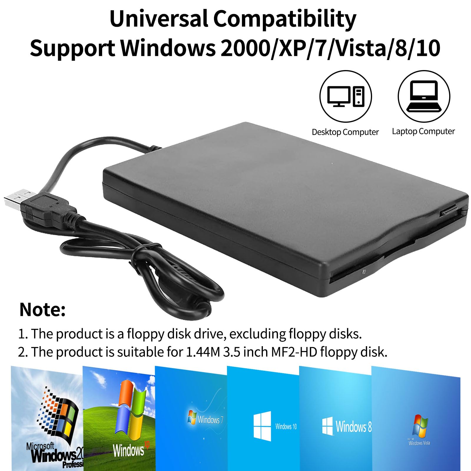 Disquetera Externa USB FDD 1,44 MB 3,5 Pulg, Unidad Disquete Portátil Floppy Disk Drive, Lector Tarjetas Disquetes Extraíble Externo para Portátiles Windows 11/10/7/8/XP/Vista/ME/2000/SE,Plug and Play