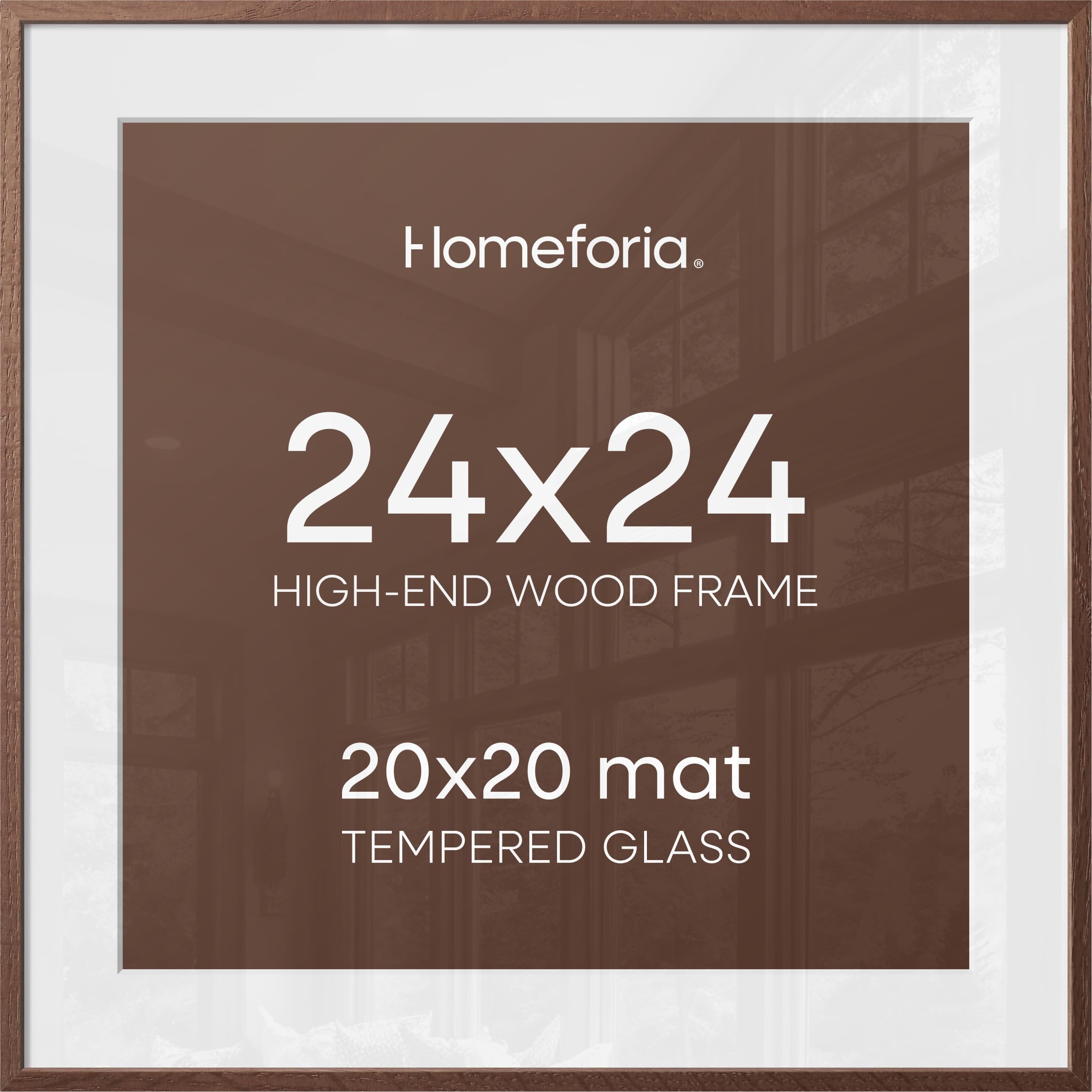 Homeforia 24x24 Picture Frame Brown, High End Dark Oak 24 x 24 Square Wood Frame with Mat 20 x 20 for Photo, 24by24 Wooden Walnut Poster Frame Matted to 20x20 Print, Tempered Glass, Wall Kit, Set of 3