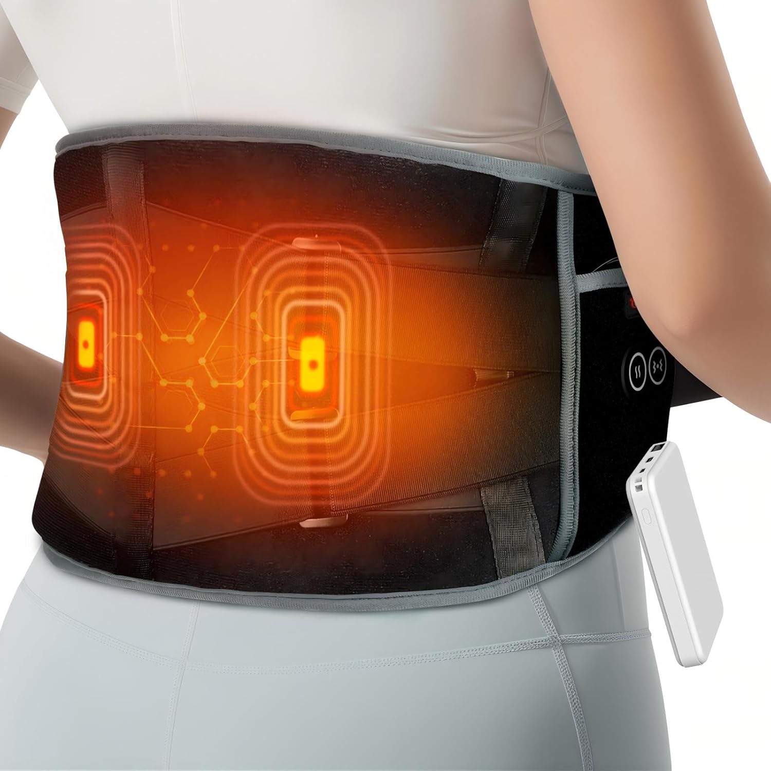 Comfytemp Cordless Heat Pad with Massager for Back, Portable Heated Warmer for Lower Back with Dual Adjustable Straps, Waist Belt for Period, 3 Heating Levels with 30mins Auto-Off