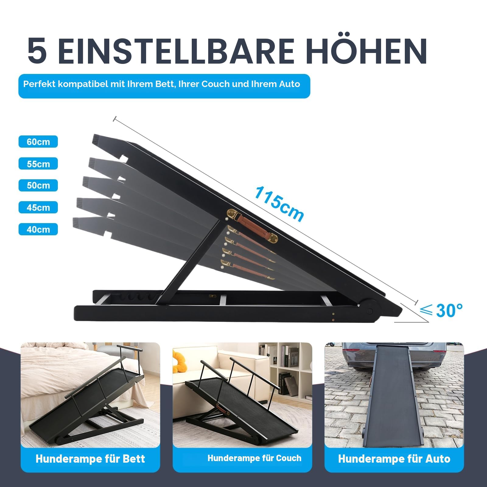 Hunderampe für Bett und Couch, 5 Stufen verstellbare Haustierrampe für kleine bis große Hunde (Schwarz, 115)