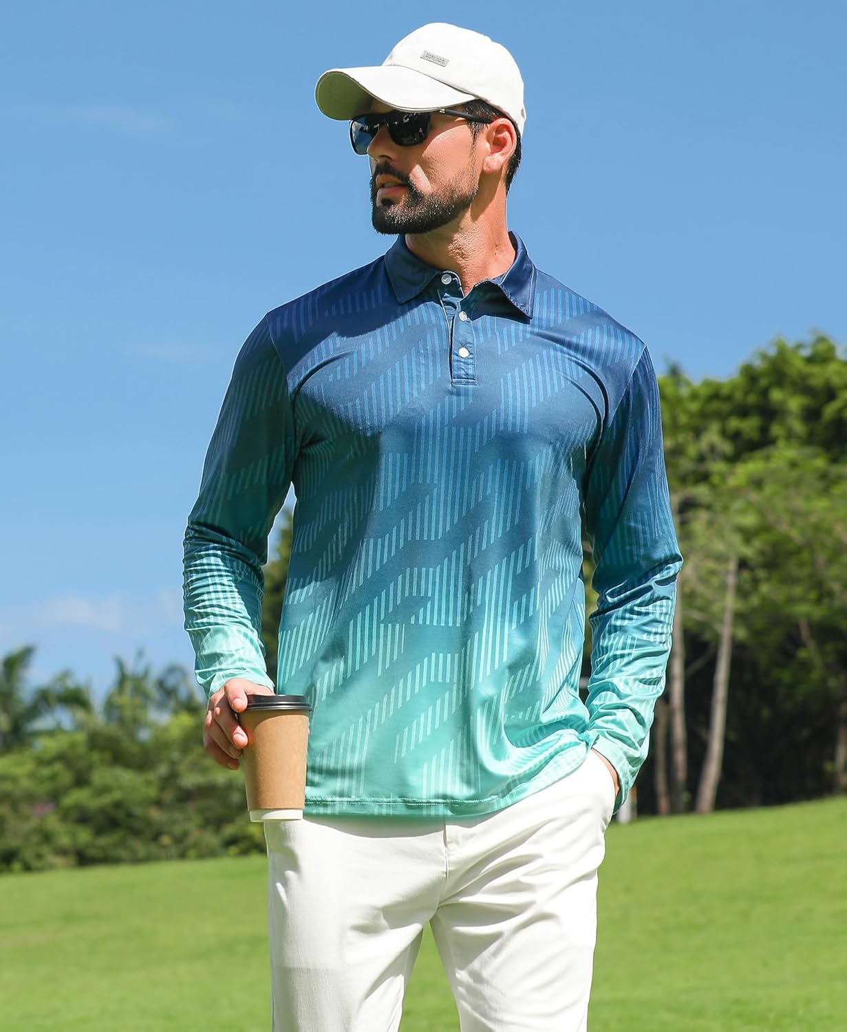 ELETOP Mens Golf Shirts Long Sleeve Print Performance Polo Shirts Moisture Wicking Dry Fit Golf Polo for Men