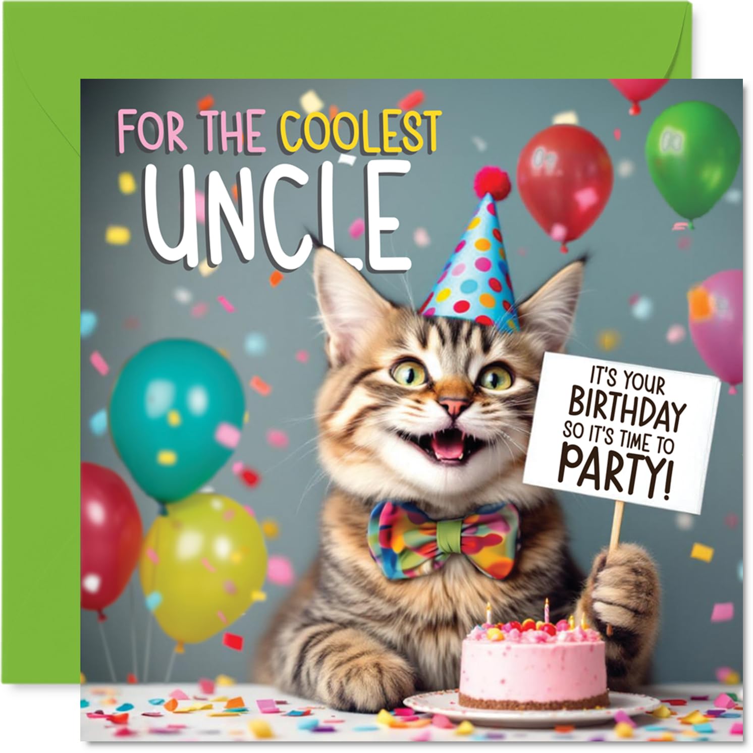Uncle Birthday Card - Party Cat - Happy Birthday Card for Uncle from Nephew Niece, 145mm Celebration Cat Bday Greeting Cards