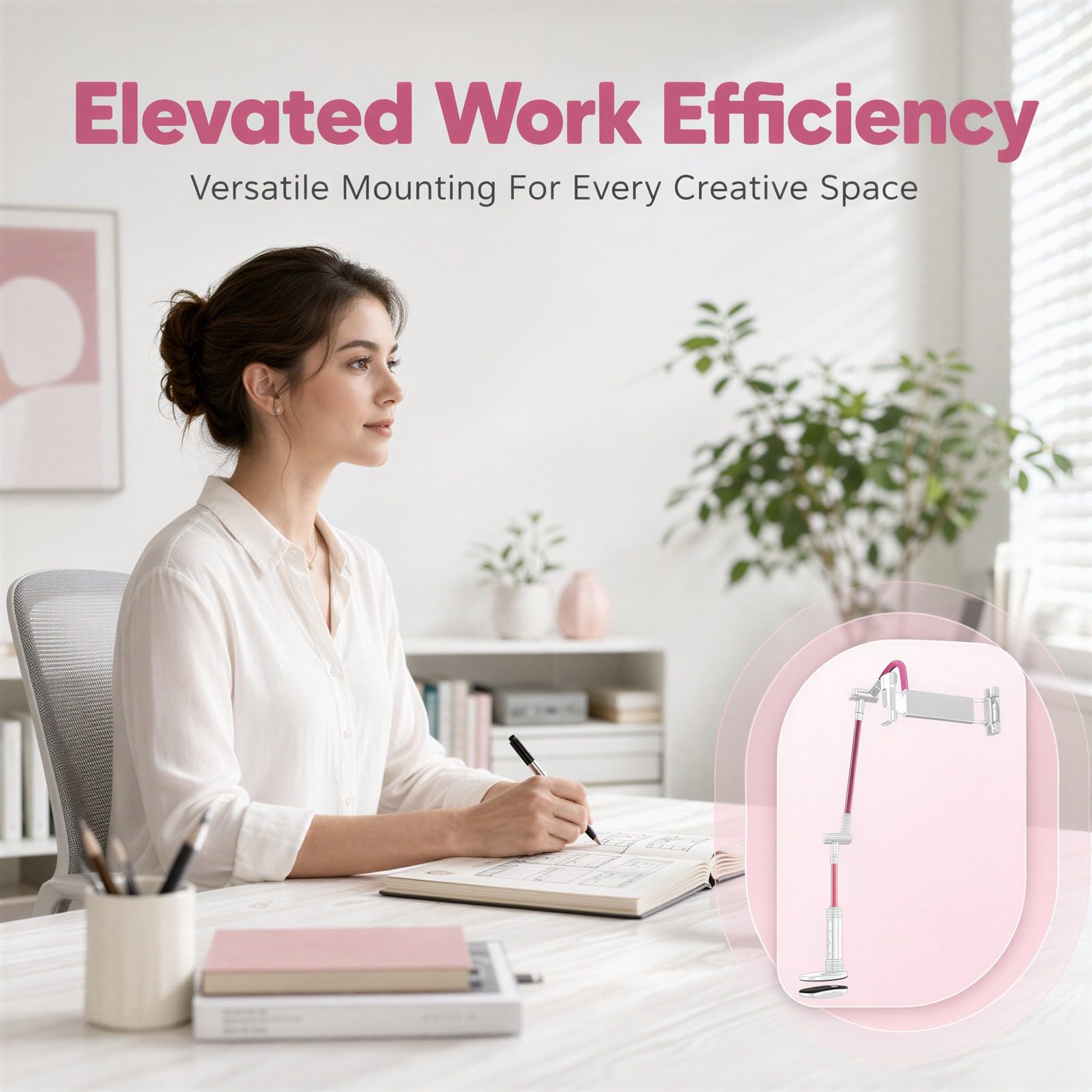 Flexibler Tablet-Halter, Langer Arm für Bett und Schreibtisch, 360-Grad-drehbarer Tablet-Halter mit Kopf, Rosa Telefonklemme, ergonomischer Schwanenhalsarm für Filme und Lesen