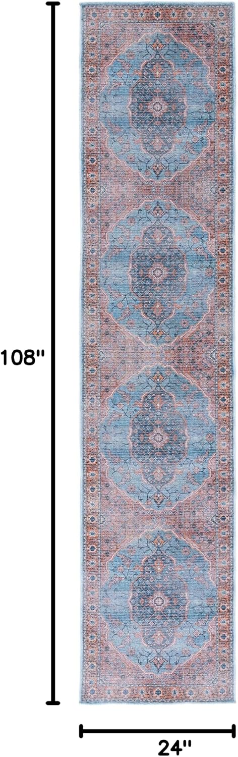 SAFAVIEH Washable Rug Serapi Collection - 2' x 9' Runner, Blue & Orange, Slip Resistant & Easy to Clean, Ideal for Hallway, Foyer, Entryway, Bedroom (SEP540M)