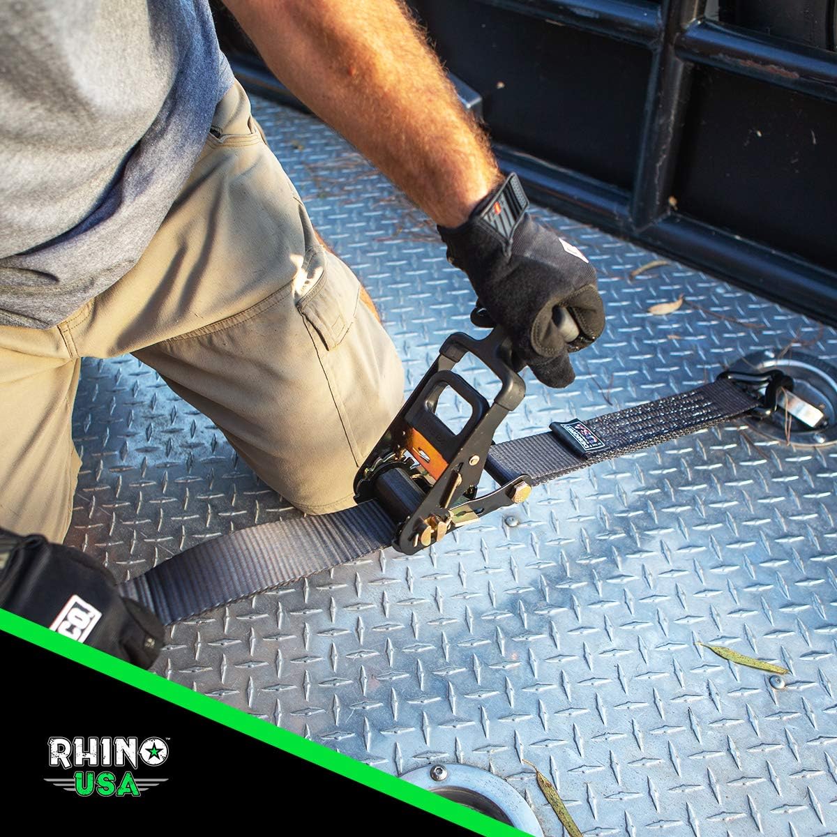 Rhino USA Car Trailer Ratchet Straps Kit - 11,128lb Guaranteed Break Strength - Use for Car, Truck, UTV & More - (4) Premium 2" x 8' Ratchet Straps with Padded T-Handles + (4) Axle Straps Tie Down Black & Green