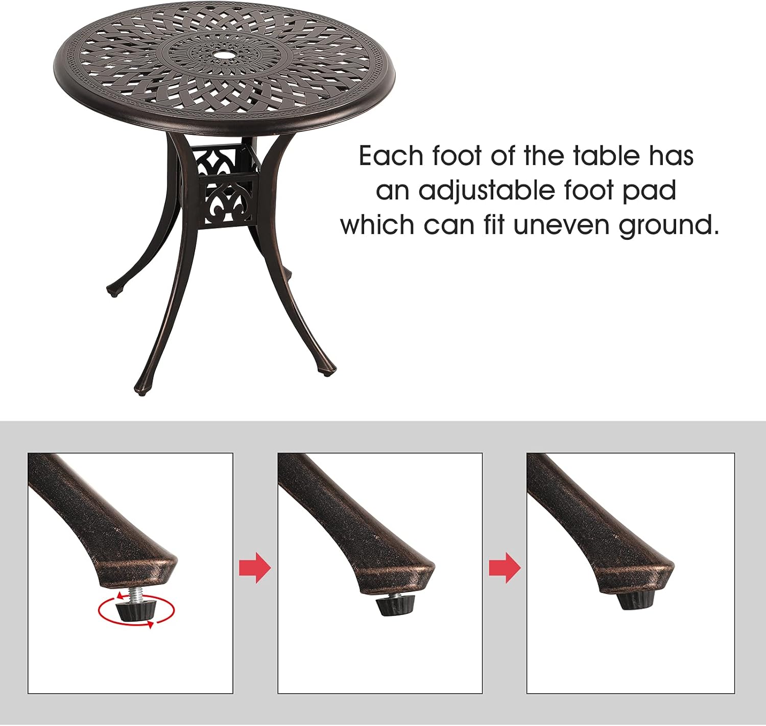 COBANA Patio Bistro Table, 31’’ Round Cast Aluminum Outdoor Dining Retro Side Table with 2’’ Umbrella Hole, Bronze