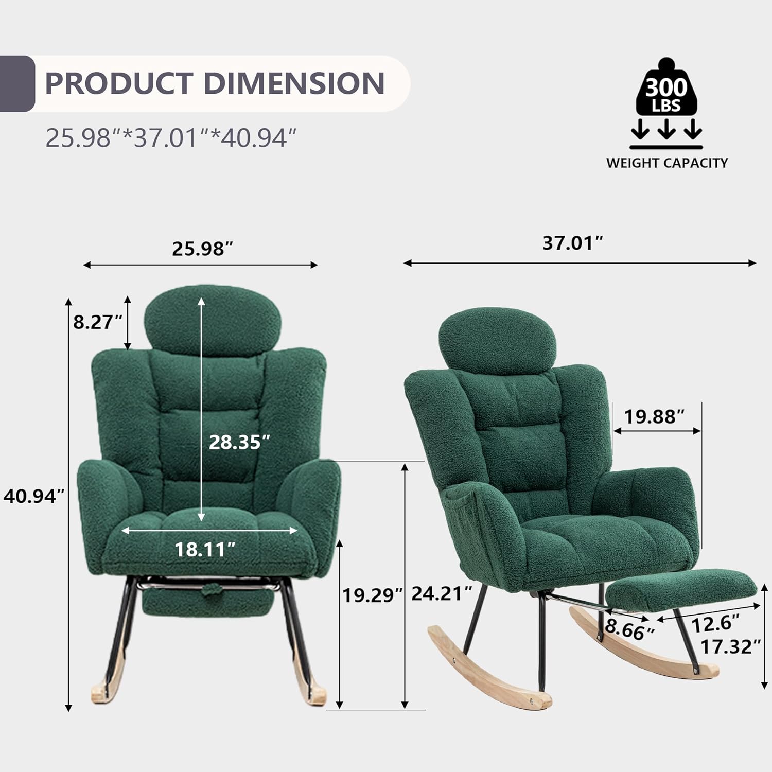 MINCETA Nursing Rocking Chair with Foot Rest, Modern Nursery Chair for Breastfeeding and Relaxing, Upholstered Glider with Head Support, High Back Ergonomic Design for Nursing Mom and Baby, Green