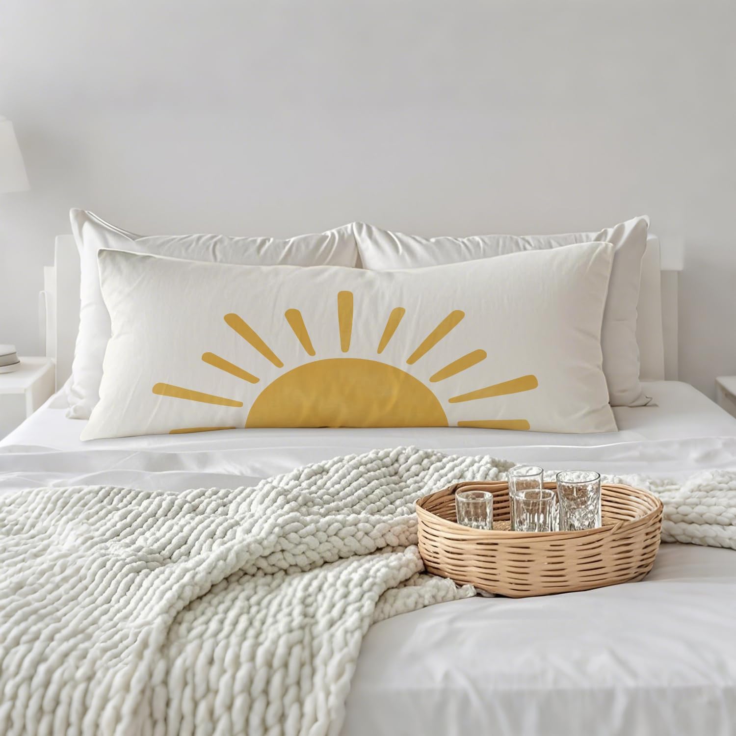 Boho Cute Sun Sunshine 20x54 Body Pillow Cover, Boho Sunshine Nursery Decor, Kids Room Decor, Modern Horizontal Sun Sunset Sunrise Decorative Long Body Pillow Cases for Bed Couch