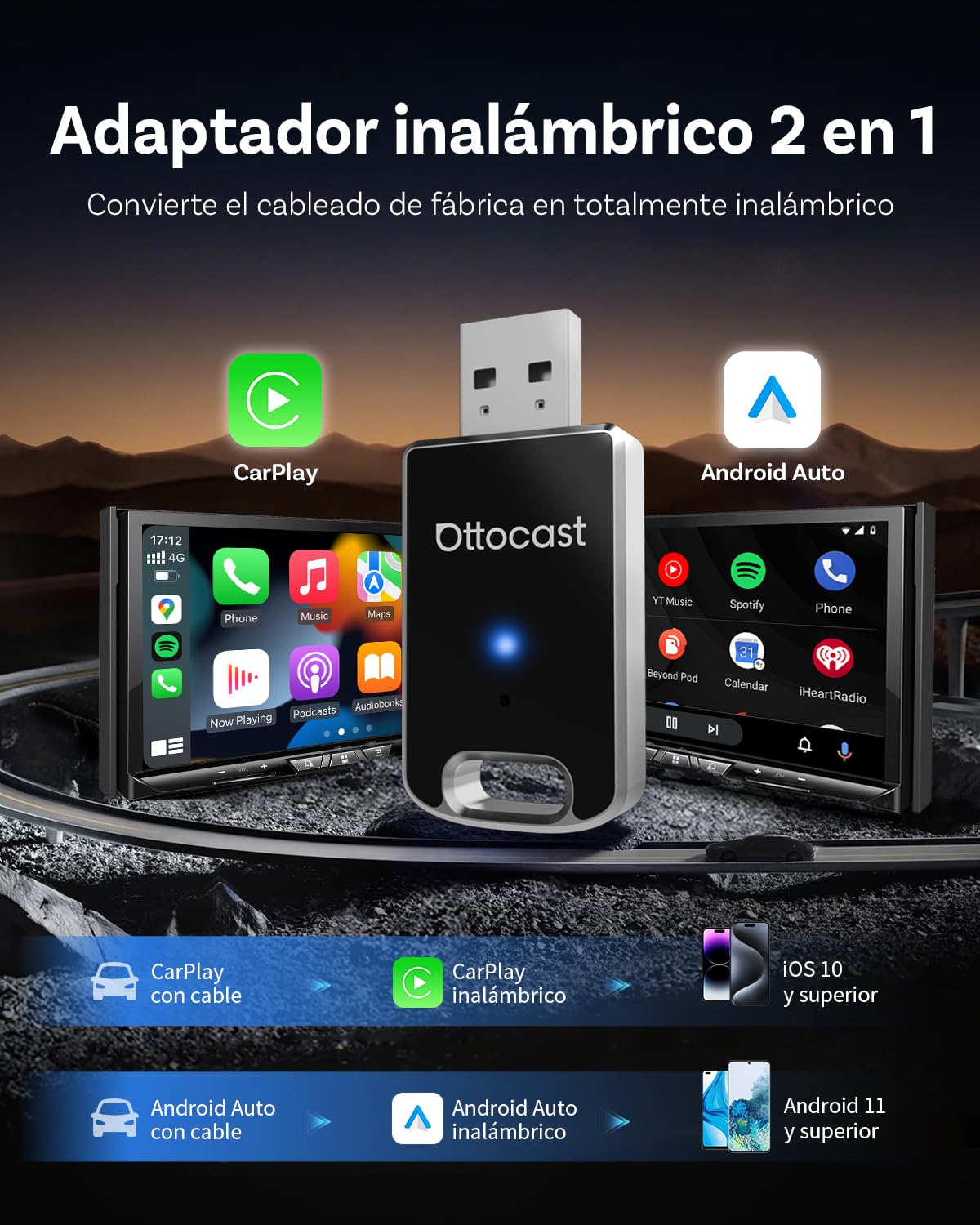 Ottocast Mini Edge 2025 Mejorado, Adaptador Inalámbrico 2 en 1 para CarPlay y Android Auto para iOS 10+ y Android 11+, Soporte Multiusuario, Convierte CarPlay/Android Auto con Cable a Inalámbrico