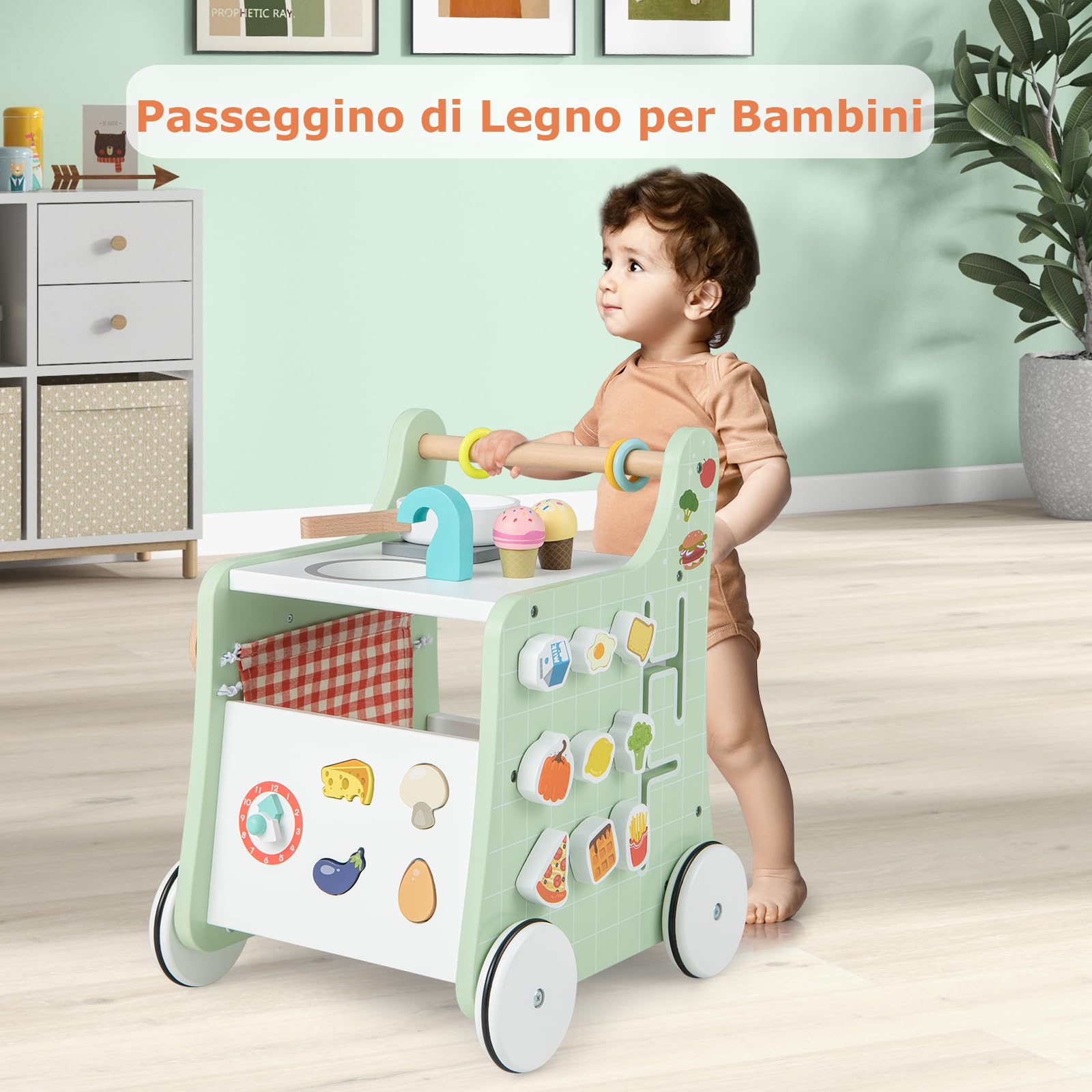 RELAX4LIFE Carrello Primi Passi in Legno 6 in 1, Centro Montessori Cucina con Pannello Attività, 9 Accessori, Vano Portaoggetti, Anti O, per Bambini 1-3 Anni,Legno Naturale + Verde Menta