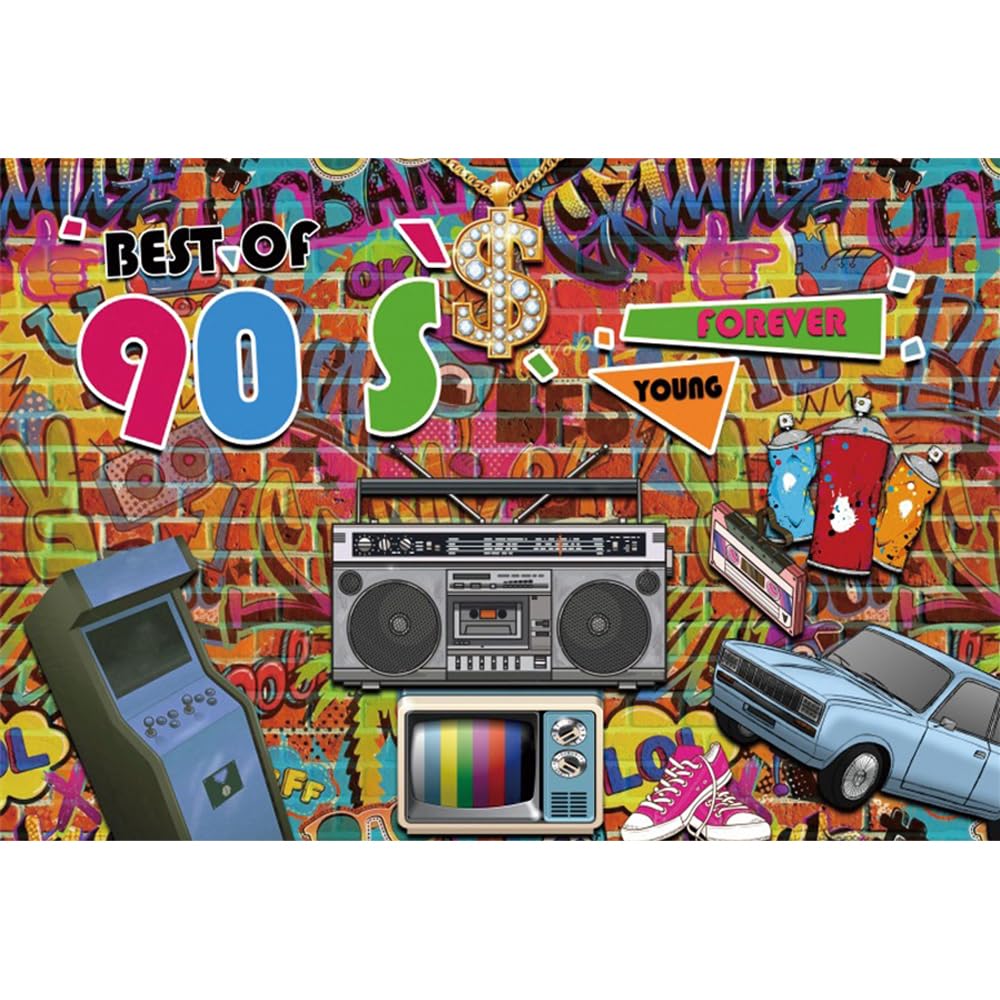 AOFOTO 12x8ft 90's Photography Backdrop for Photoshoot Back to 90's Backdrop Discos Retro Radio Classic Car Hip Hop Music Rock Punk Graffiti Brick