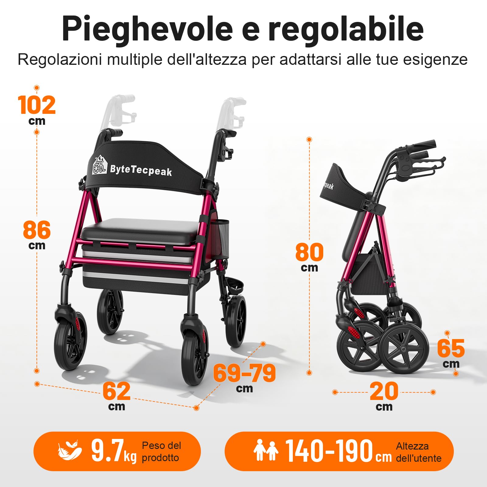 R4 deambulatore pieghevole con seduta, girello per anziani,altezza regolabile in 5 livelli su sedile e maniglie, Deambulatori a 4 ruote, Con borsa della e freni, portata max 100KG