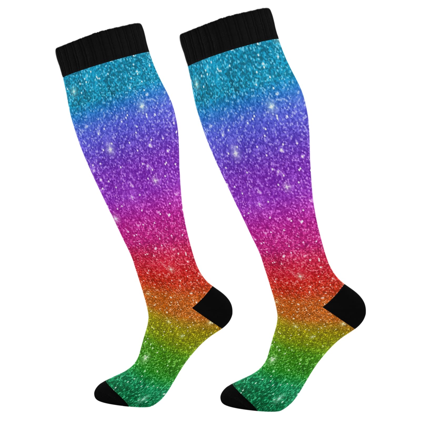 KLL Christmas Compression Socks for Men and Women Golden Glitter In Shiny Red Knee High Socks