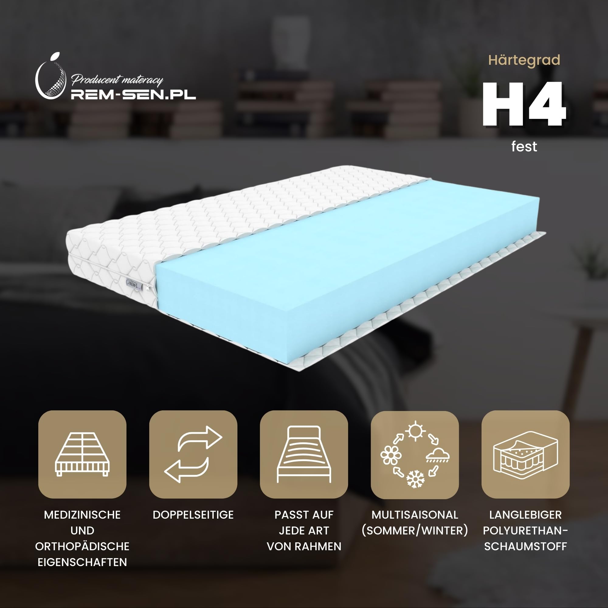 REM-Sen Matratze 80x180cm Höhe 10 cm Härtegrad 4 (H4) aus elastischem Polyurethanschaum mit Komfortschaum und Dreilagige Membranhülle, Matratze für Kinder, Erwachsene Öko-Tex Zertifiziert
