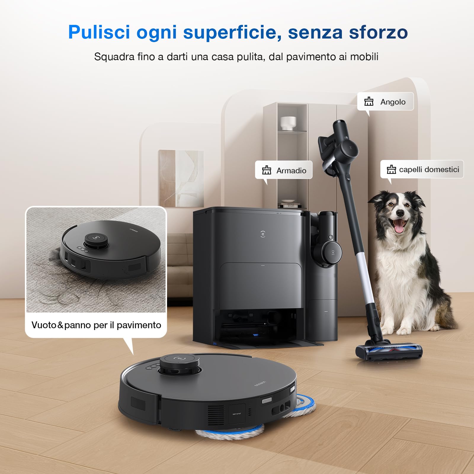 ECOVACS T30S COMBO COMPLETE Robot Aspirapolvere Lavapavimenti con Stazione Tutto-in-Uno, Moci Estensibili TrueEdge, 11000Pa, Tecnologia ZeroTangle, Lavaggio con Acqua Calda a 70℃, Sollevamento Moci