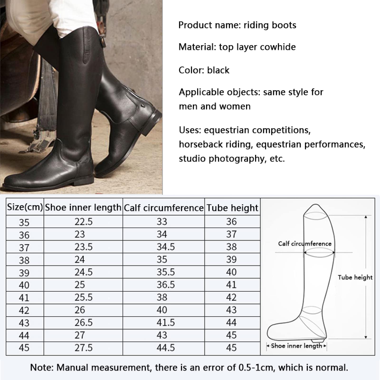 LEBEE Stivali da Equitazione Stivali da Dressage Stivali da ostacolo Stivali da Equitazione in Pelle Forniture per l'equitazione,Black-35