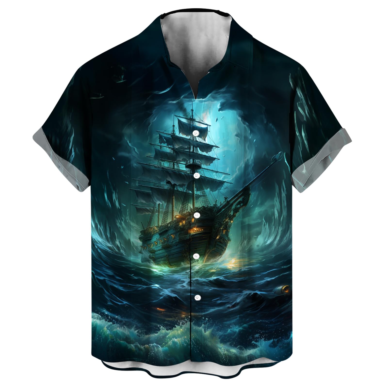 LAOLIUSN Funny Pirate Shirt Pirate Ship Graphic Short Sleeved Button Shirt