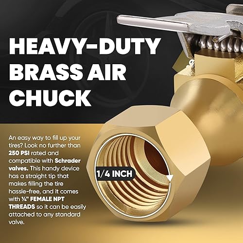 Miniatura 11 de RamPro Mandril de aire, neumático de bloqueo resistente de flujo abierto, con conexión rápida, latón macizo, rosca NPT hembra de 1/4 pulgadas, 250