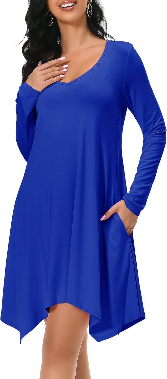 Afibi Women's Long Sleeve Pockets Casual Loose Swing T-Shirt Dresses - Image 5