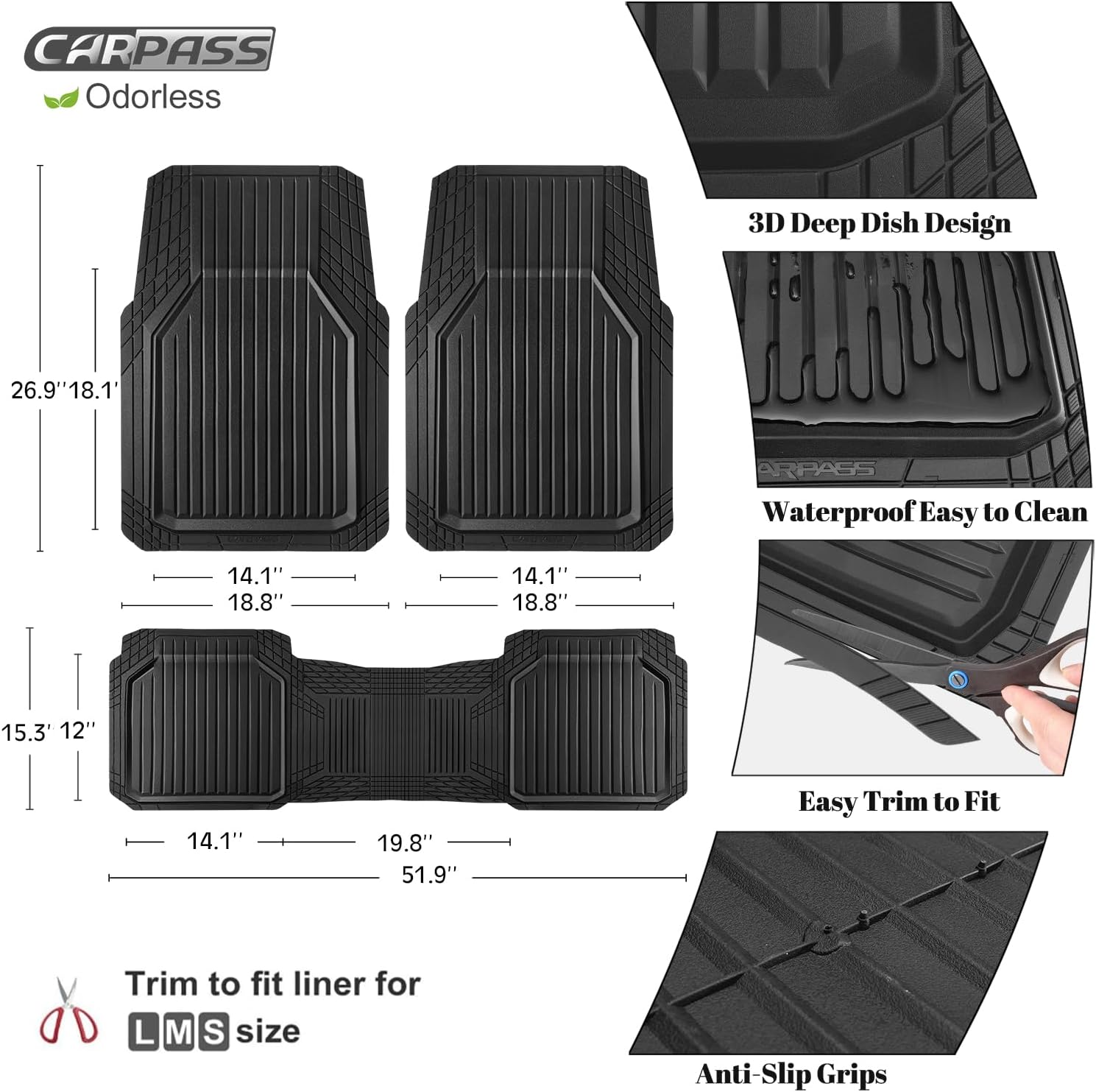 CAR PASS Heavy Duty Rubber Floor Mats for Car, Waterproof Liner Deep Dish Car Mats Full Sets, Universal Trim to Fit for SUV Truck Sedans Vans, All Weather Automotive Floor Mats 3pcs, Solid Black - Image 3