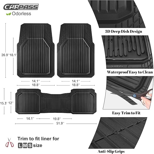 CAR PASS Heavy Duty Rubber Floor Mats for Car, Waterproof Liner Deep Dish Car Mats Full Sets, Universal Trim to Fit for SUV Truck Sedans Vans, All Weather Automotive Floor Mats 3pcs, Solid Black - 3
