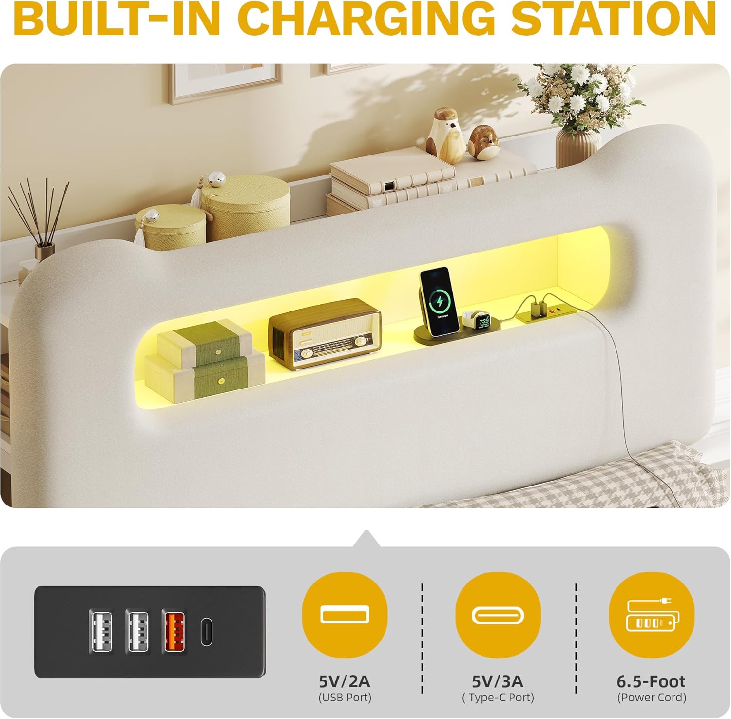 YITAHOME Full Size Bed Frame, LED Bed Frame with Storage Headboard, Boucle Upholstered Bed with Outlet & USB Ports, No Box Spring Needed, Easy Assembly, Cream