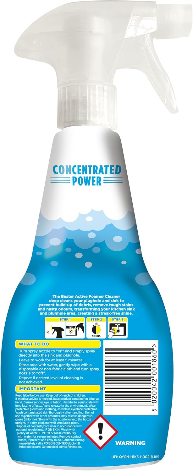 BUSTER Active Foam Sink & Drain Cleaner 500ml x 2 - Sink Cleaner to Remove Limescale & Stains - Daily Plughole Foam Cleaner & Odour Eliminator – Foam Cleaner for Sinks, Showers, Drains and Plugs