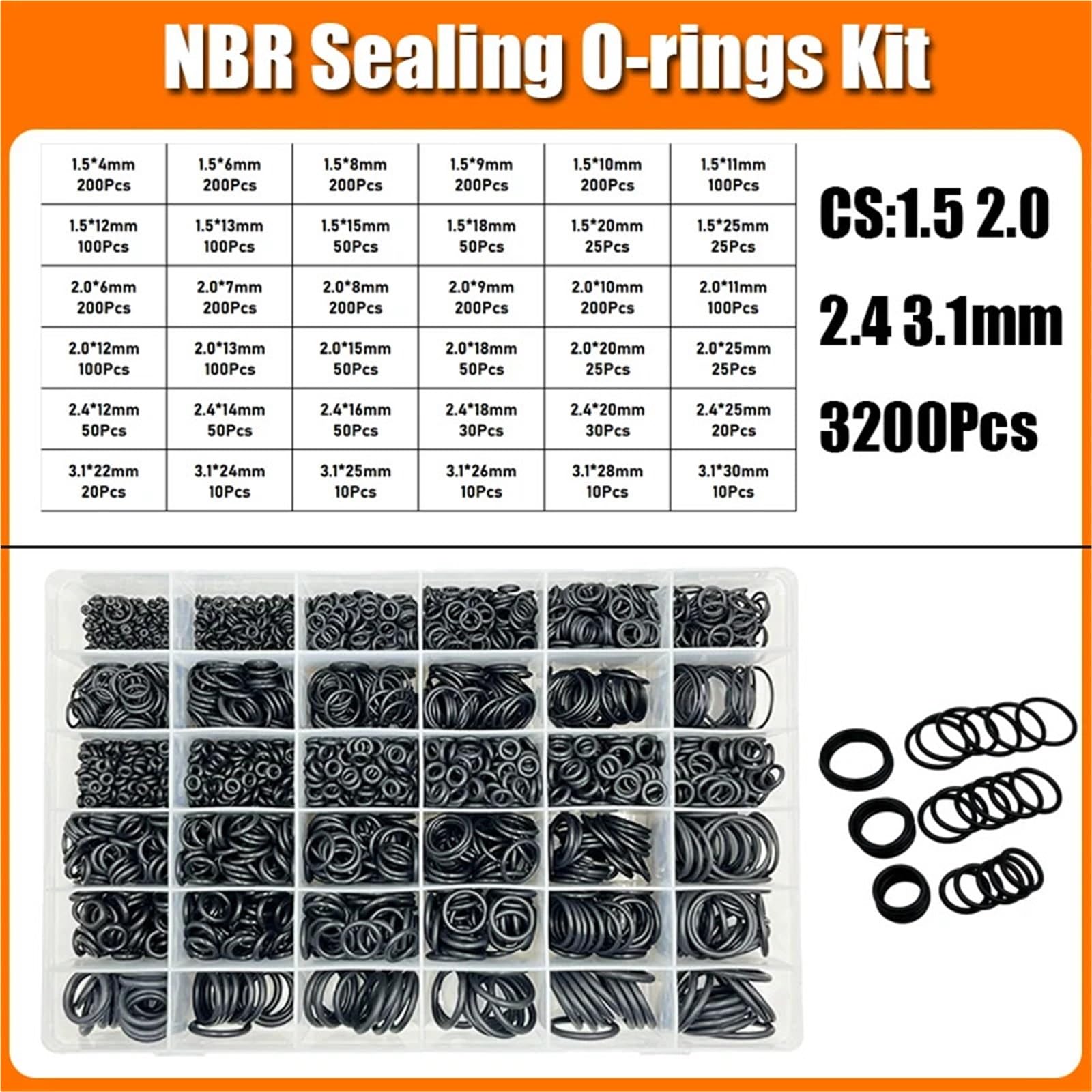 Junta tórica de sellado 2840p, junta tórica de NBR, junta de plomería, resistente al aceite, alta temperatura, CS, 1,0-3,1 mm Junta filtro de aceite(Black 3200pcs)