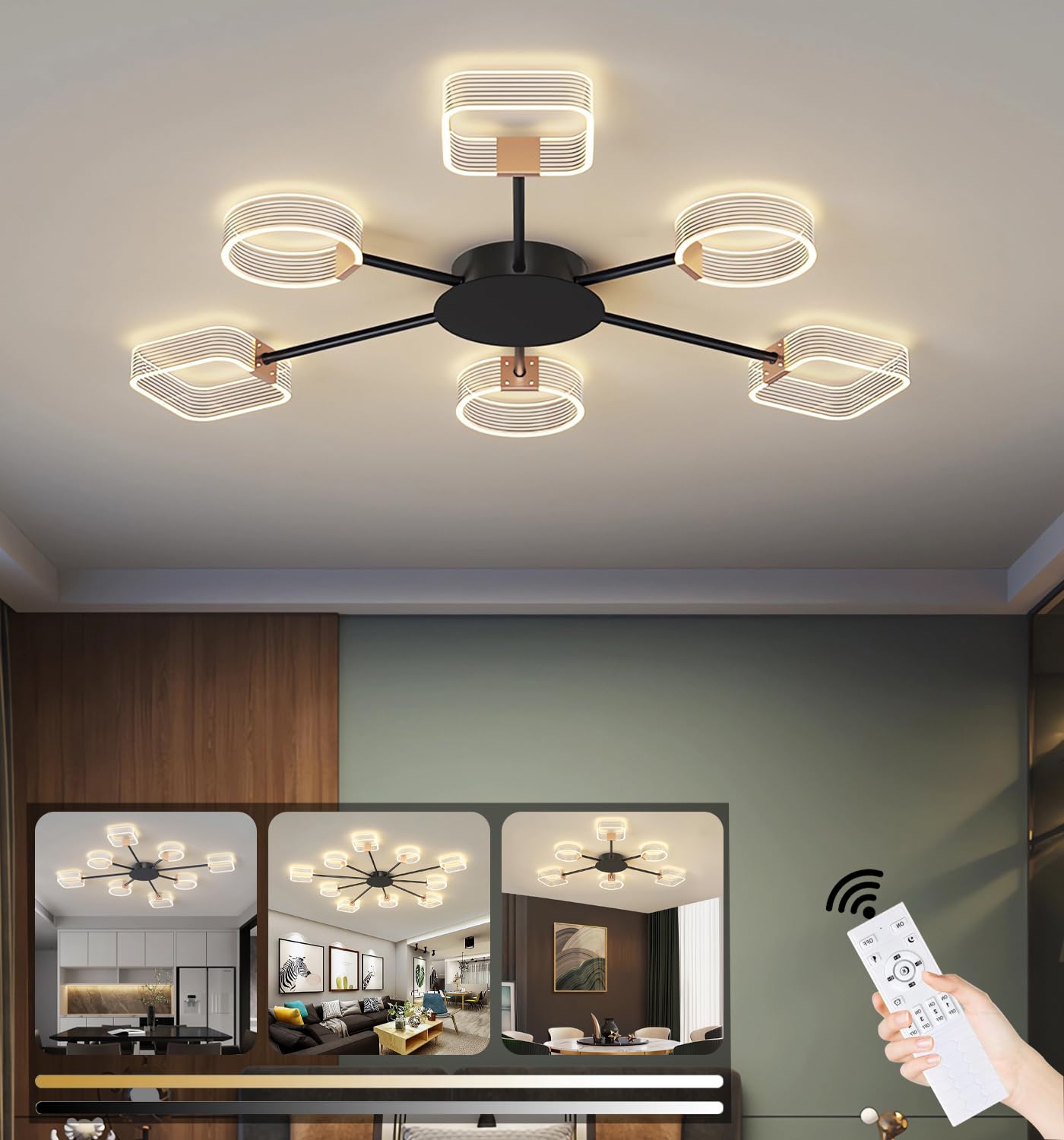 LIYYANG Modern LED Ceiling Light Living Room Dimmable Ceiling Lighting Acrylic Ceiling Lamp with Remote Control Office Ceiling Light‌ for Dining Room Bedroom Kitchen Chandelier (Black 6 Heads Φ90cm)