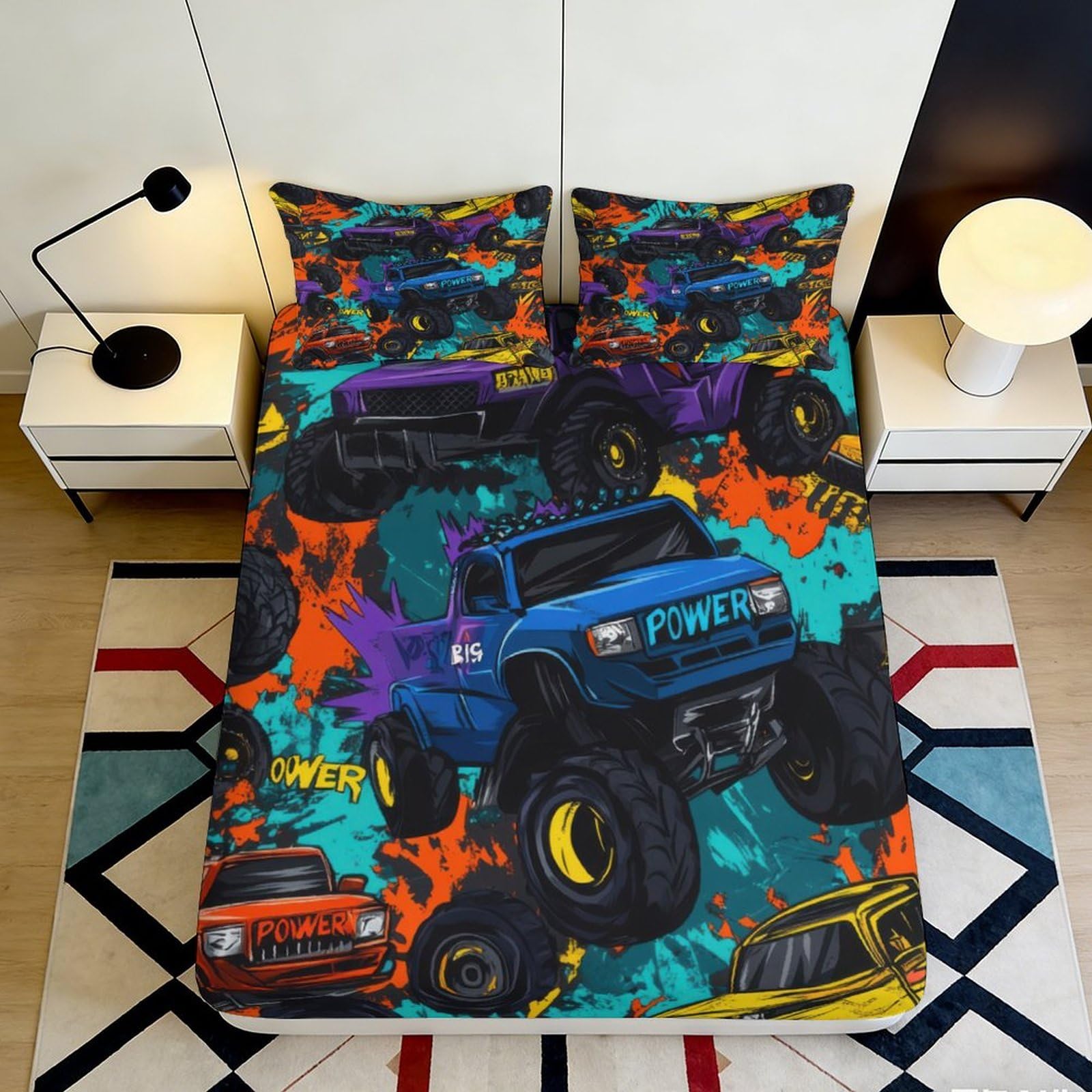 3D Printed Monster Truck Fitted Sheet Microfiber Durable Vibrant 3D Printed Off-Road Bed Cover for Youth Bedroom Dormitory Mattress Protection 180x200x25cm
