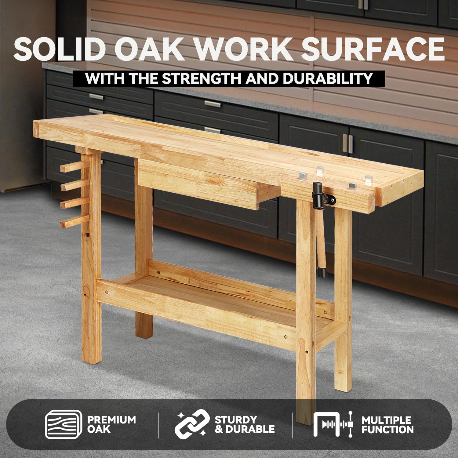 Auto Dynasty 50" Wood Workbench, Heavy Duty Woodworking Bench with Adjustable Handle, 300Lbs Load Capacity Woodworking Table Work Bench with Storage for Garage, Workshop, Home (Natural)