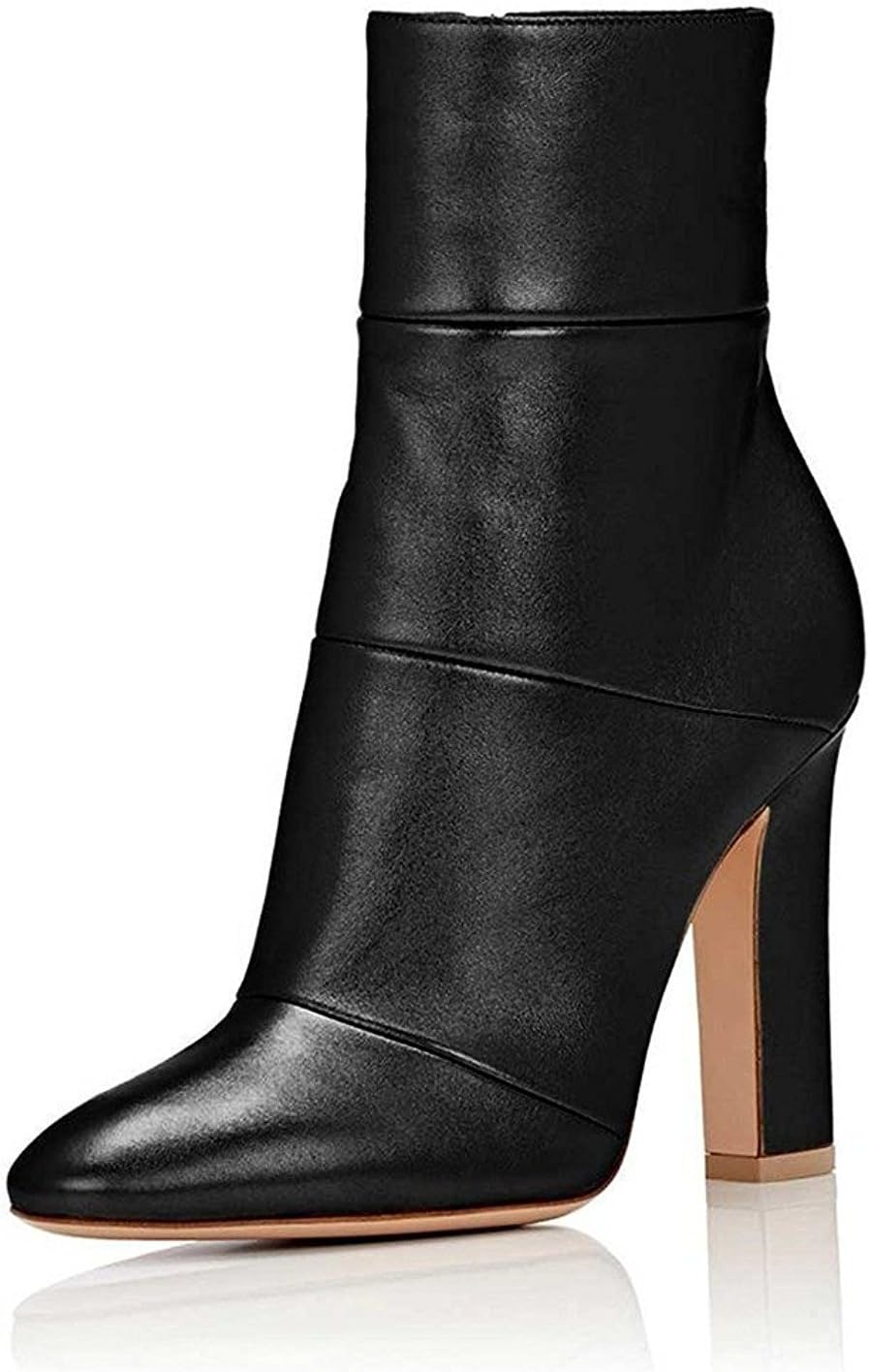 Jushee Womens Ladies Genuine Leather Chunky High Heels Mid-Calf Stitching Leather Zipper Boots