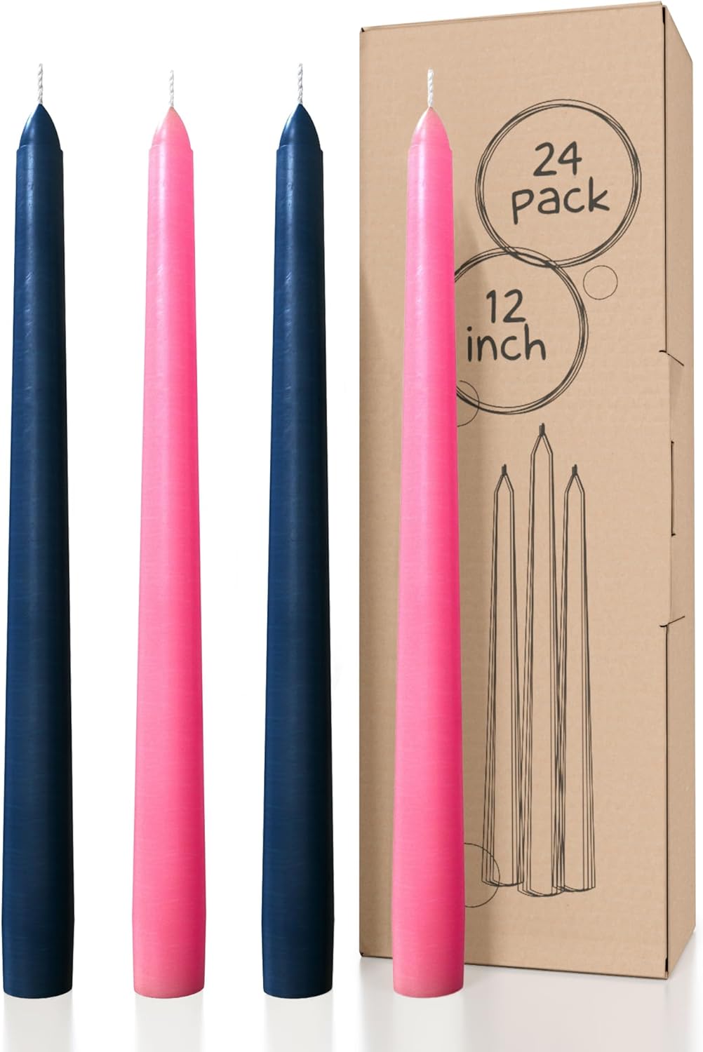 CANDWAX 12 Inch Dark Blue and Pink Taper Candles Bundle - 12 Dark Blue Candles and 12 Pink Candles - Dripless and Smokeless Candle Sticks Unscented - 24 Candles