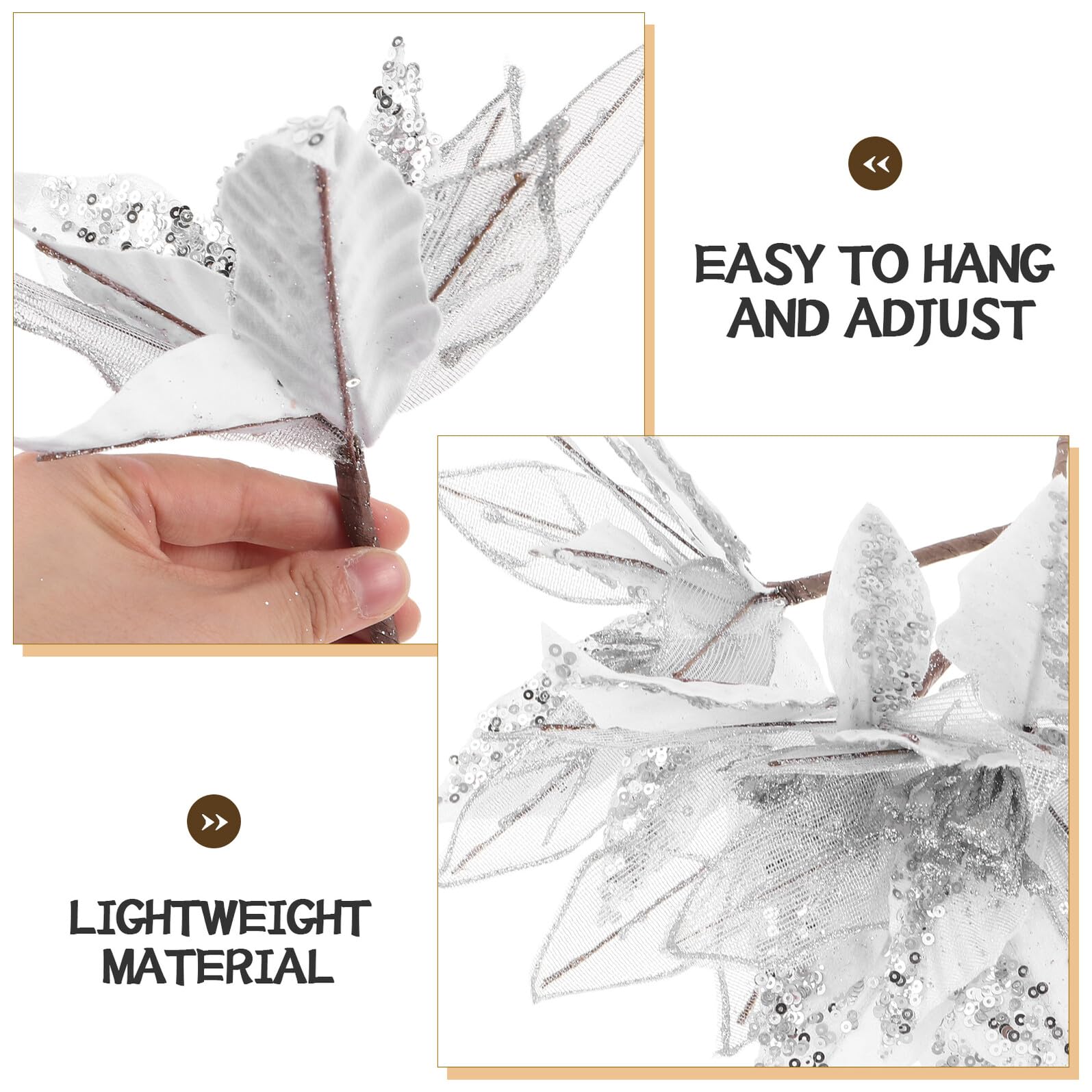 6 Stück Silber Glitzer Weihnachtsstern Handgefertigte Künstliche Weihnachtsblumen für Baumdekoration Festlicher Poinsettia Strauß Vielseitig für Innen Außen und