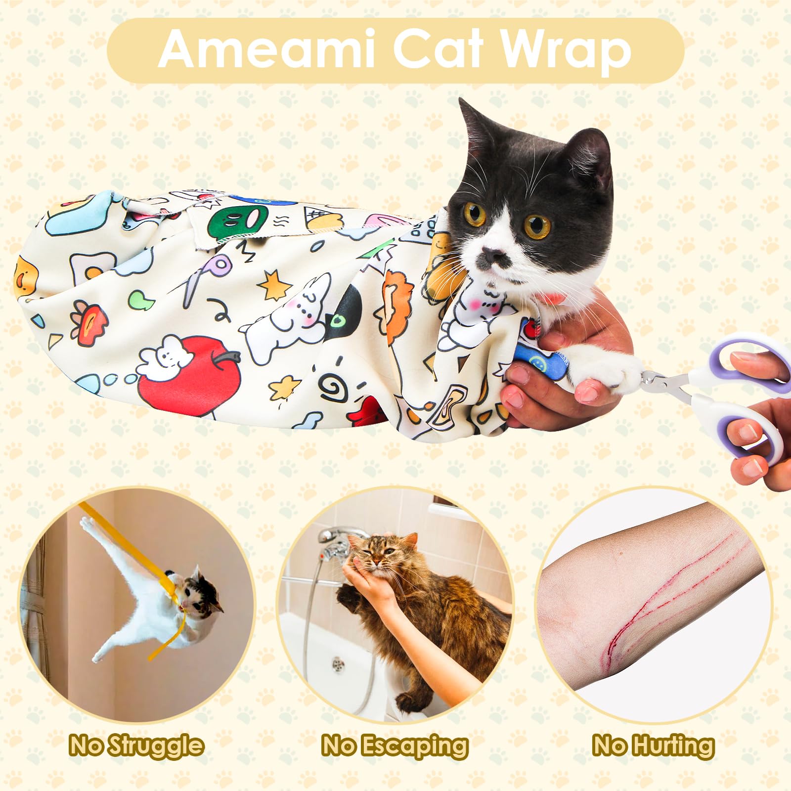Ameami Cat Wrap for Cutting Nails, Cat Grooming Wrap for Calming & Holding Cat, Cat Restraint for Nail Clipping to Anti-Bite & Scratch Anti-Escape, Self-Adherent Cat Swaddle Wrap