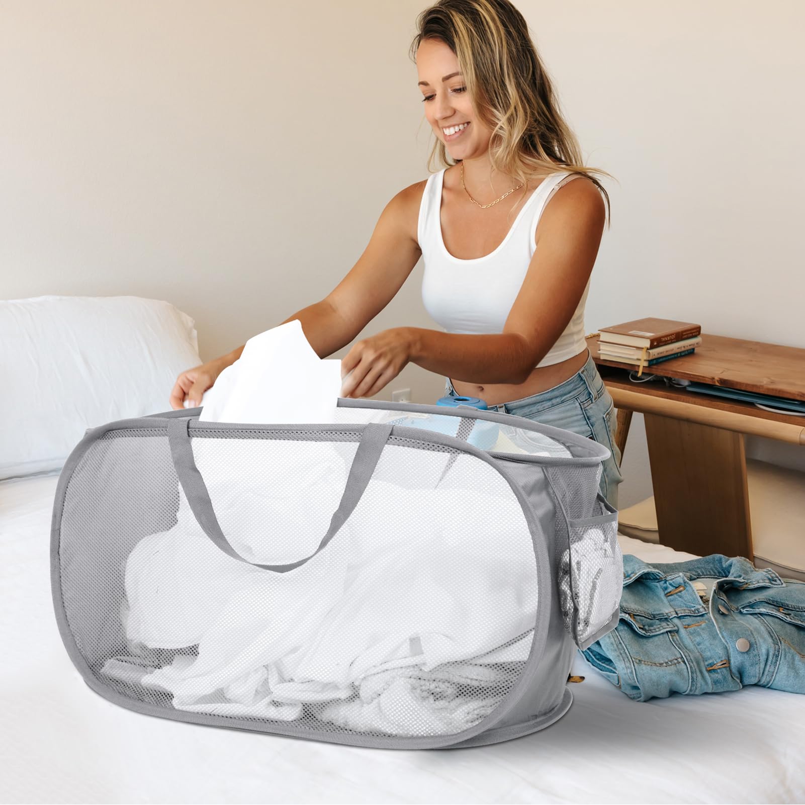 Meerveil Panier à Linge 3 Compartiments Panier à Linge Avec 3 Poches En