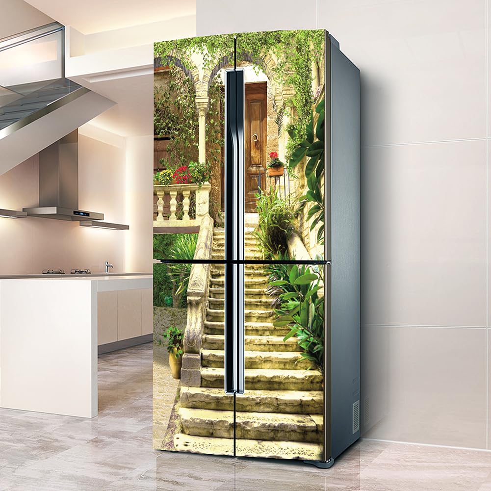 Myxjx One Color Fridge Wrap, Full Covering Door Fridge Covers Skins Wall Stickers For Kitchen Decal, Retro Step In French Courtyard
