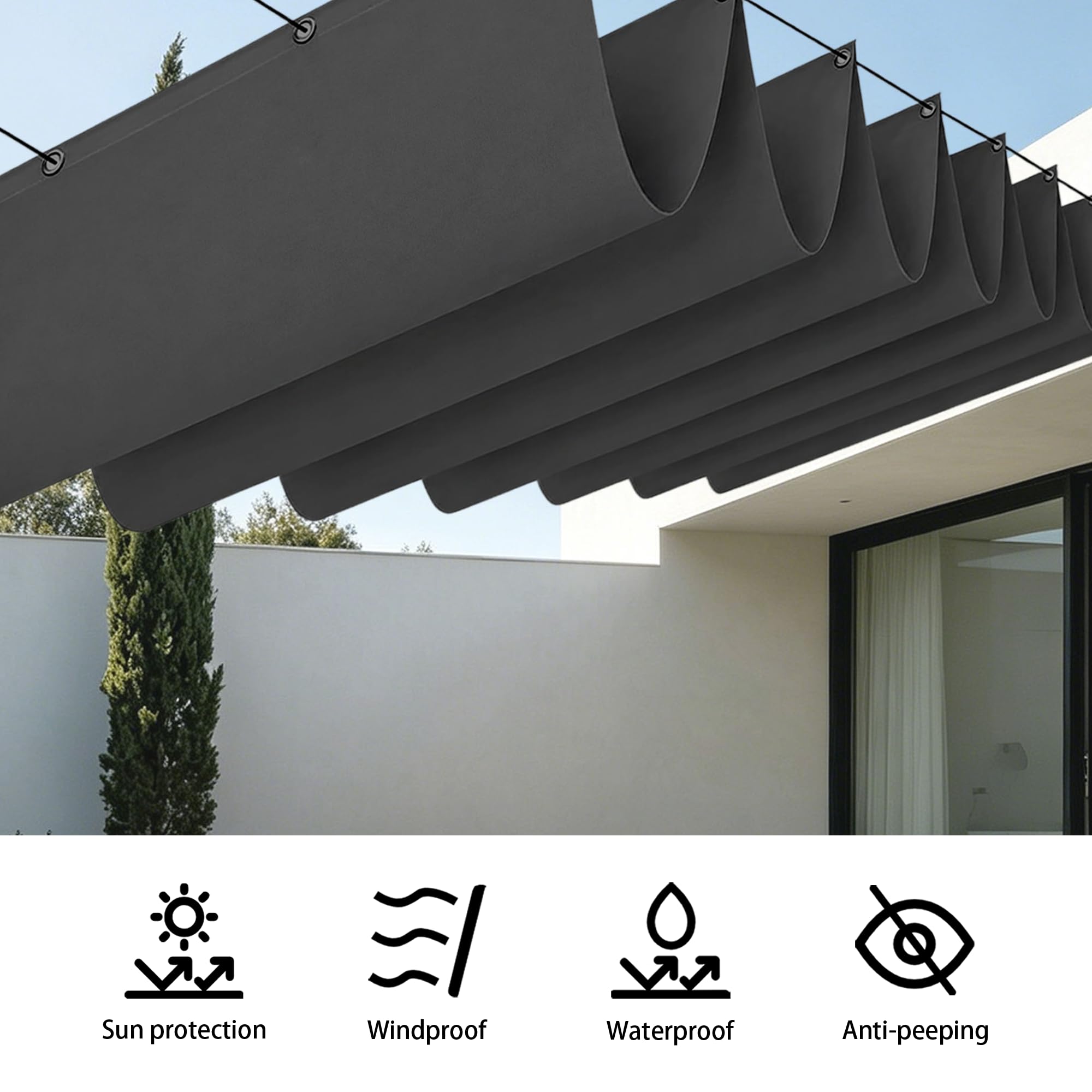 Verstellbar Schattenabdeckung Welle Sonnensegel 200 x 500 cm Wasserdicht Sonnensegel Rechteckig Reißfest für Terrasse, Garten, Balkon, Camping, Dunkelgrau