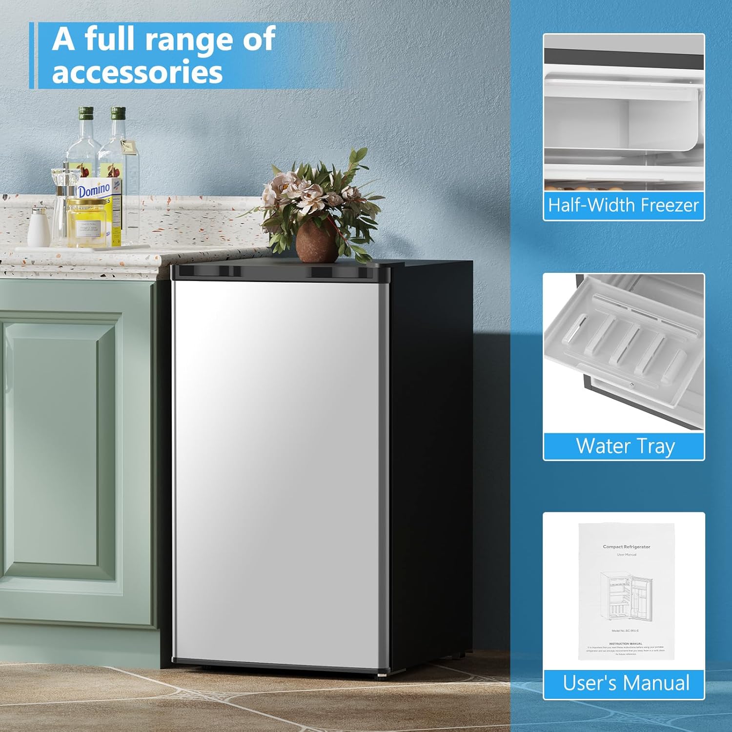 COWSAR 3.2 Cu.Ft Dorm Fridge with Freezer, Single Reversible Door Compact Refrigerator, Adjustable Thermostat, 2 Removable Shelves, Commercial Drink Fridge for Bedroom, Office, Kitchen, Dorm, Silver