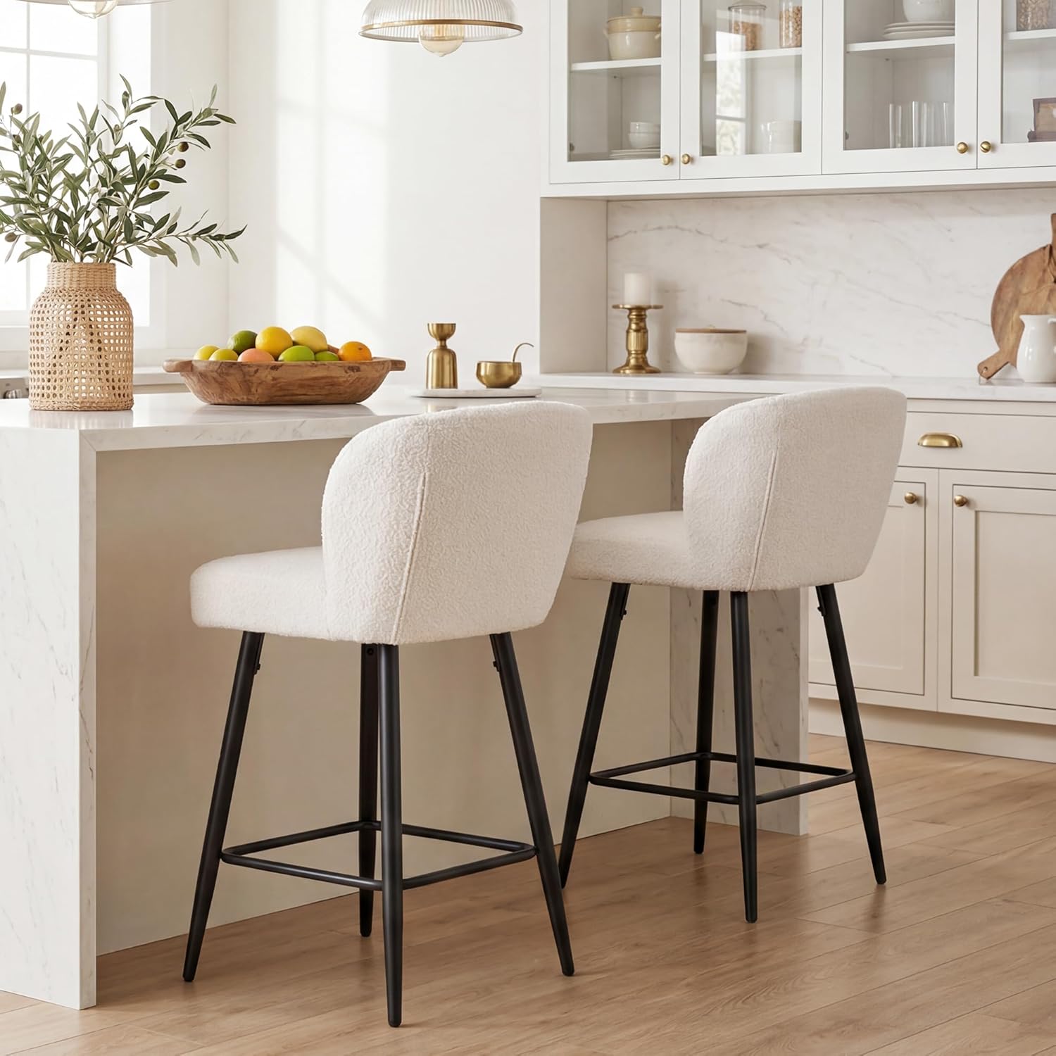 Modern Counter Height Bar Stools Set of 2, 30 Inch Sherpa Boucle Upholstered Bar Stools with Back, 18" Seat Wide Island Stools with Black Metal Frame for Kitchen Counter/Breakfast Bar, White