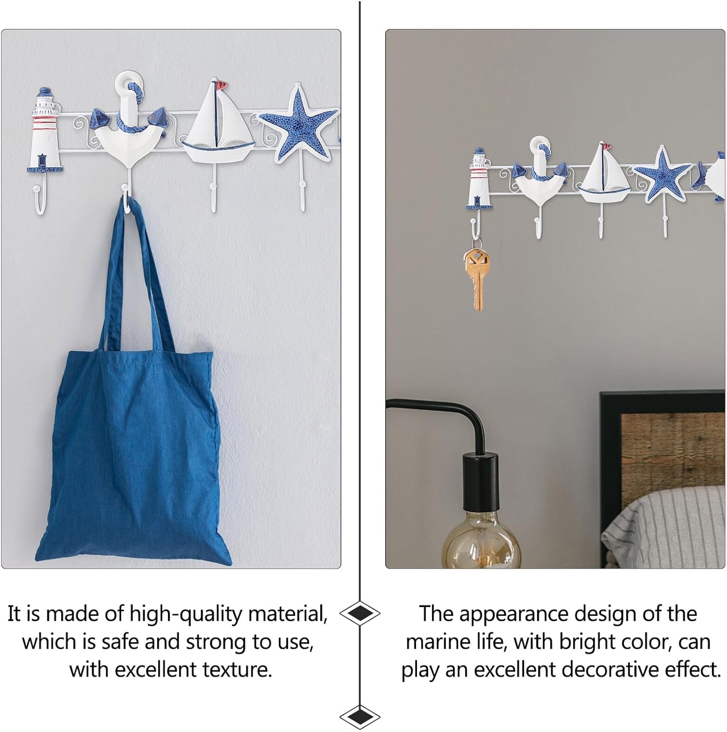 Wooden Mediterranean Style Decorative Coat Hooks 6-Hook Rack Ocean-Inspired Household Hangers for Entryway Wall Storage and Home Organization