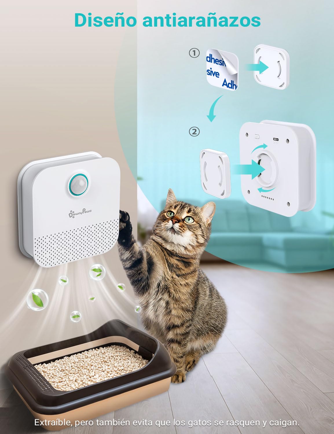 DownyPaws Desodorante para arena para gatos, eliminador de olores de mascotas sin perfume, desodorización inteligente 99% sin polvo Batería de 14 días de duración para caja de arena para gatos