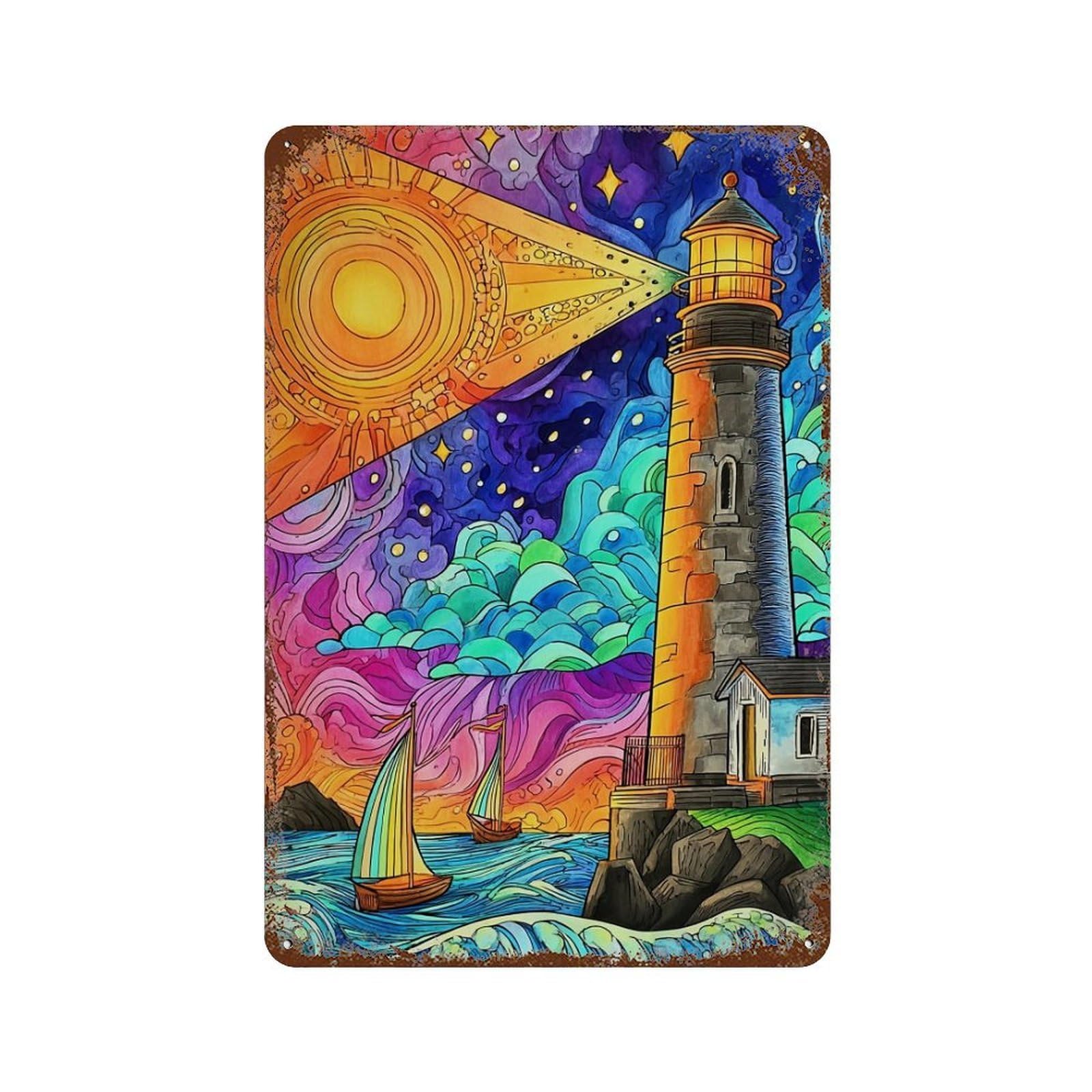 Garage Style Colorful Lighthouse Serenity Rusty Metal Tin Sign 11.8"x7.9", Classic Wall Plaque for Bar And Workshop