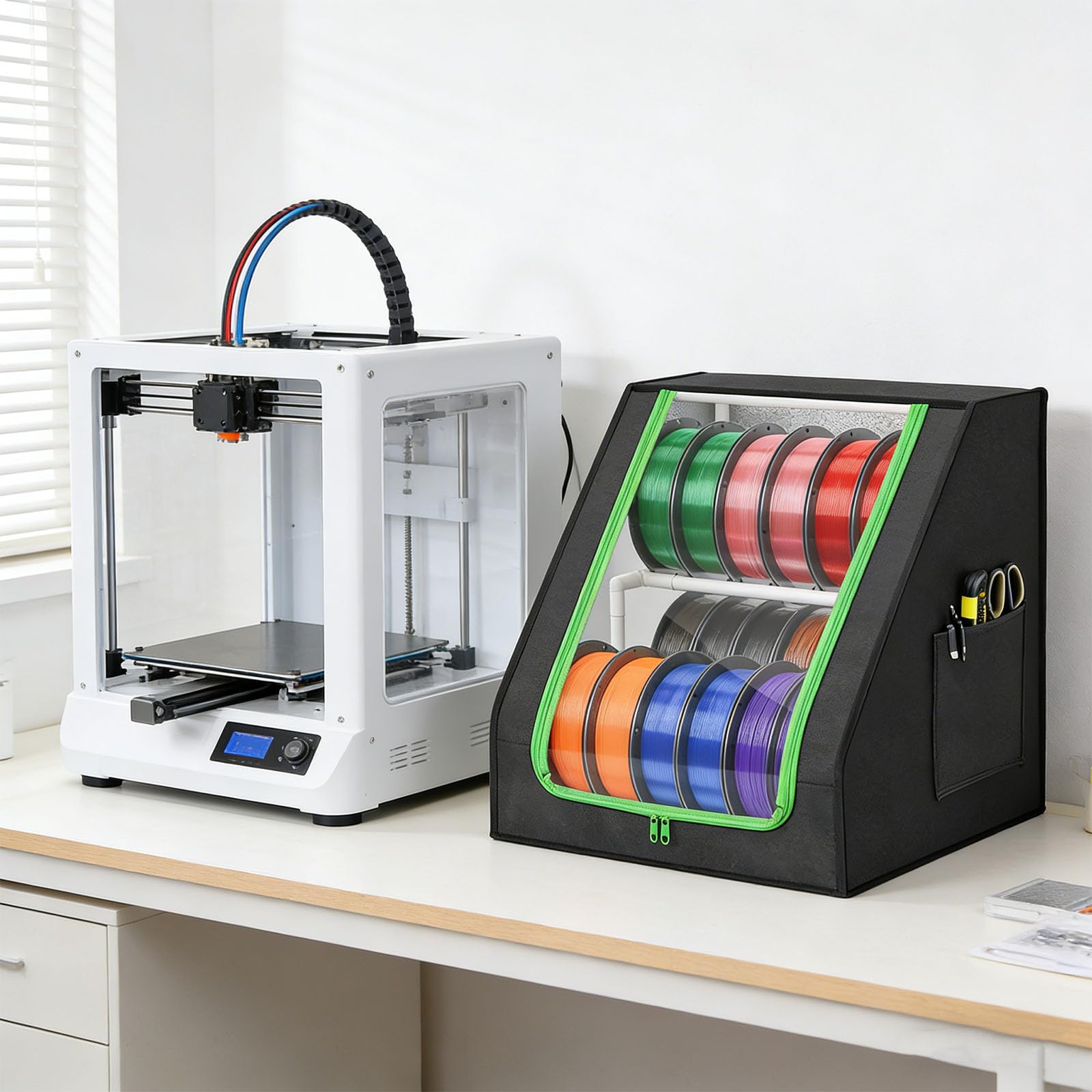 Amplio contenedor de suministros de impresión 3D con capacidad para 21 rollos, dos divisiones, robusto y eficiente soporte de carrete de filamento de tela Oxford