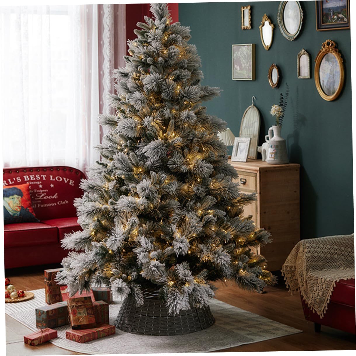 FOMIYES Supporto per Albero di Natale Collare e Gonna in Rattan Intrecciato Grigio Piccolo, Copri Base Riutilizzabile per Decorazioni Natalizie e Contesto Festivo